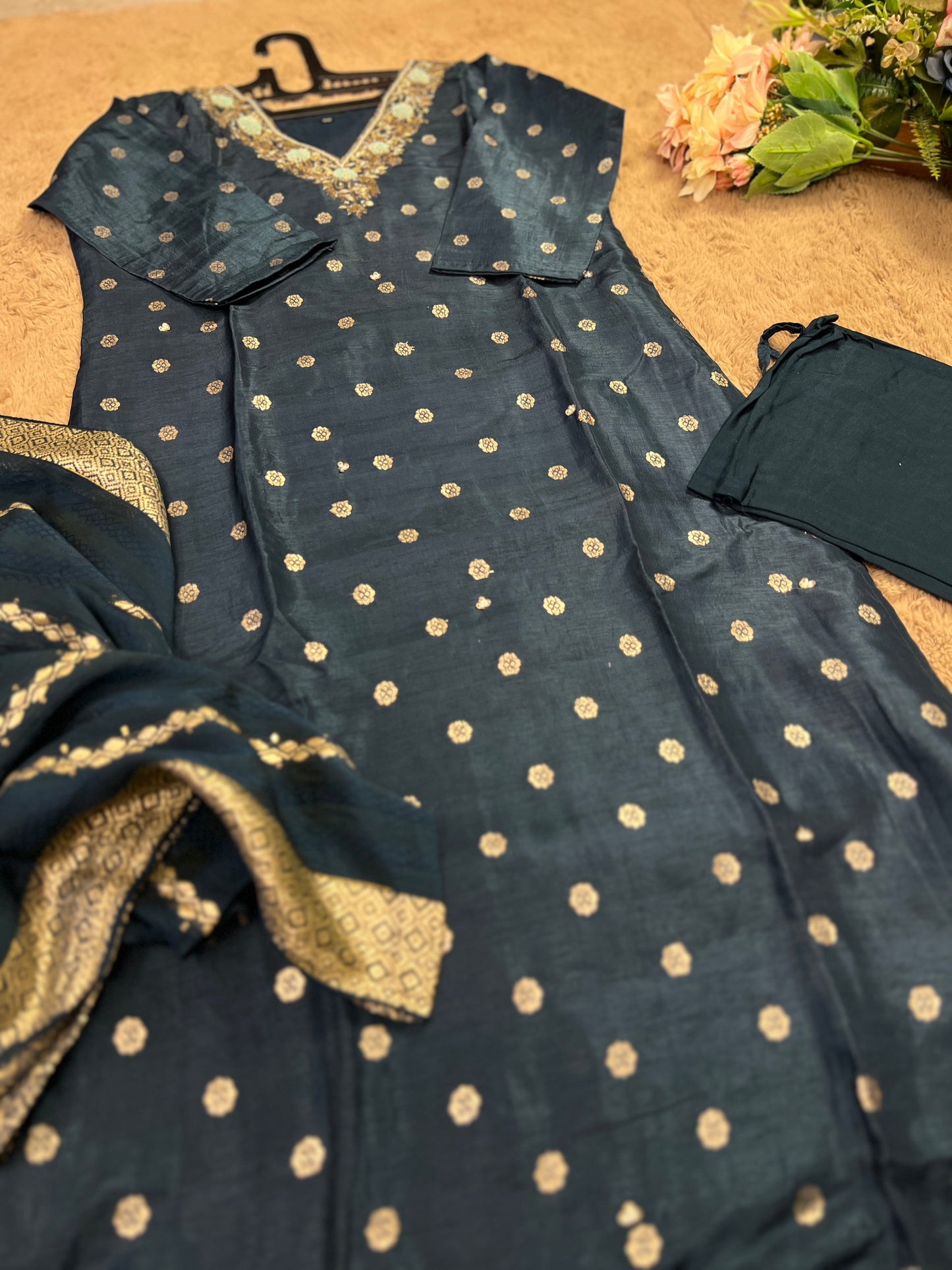 Teal Blue Banarasi Silk Suit with Handwork & Banarasi Dupatta