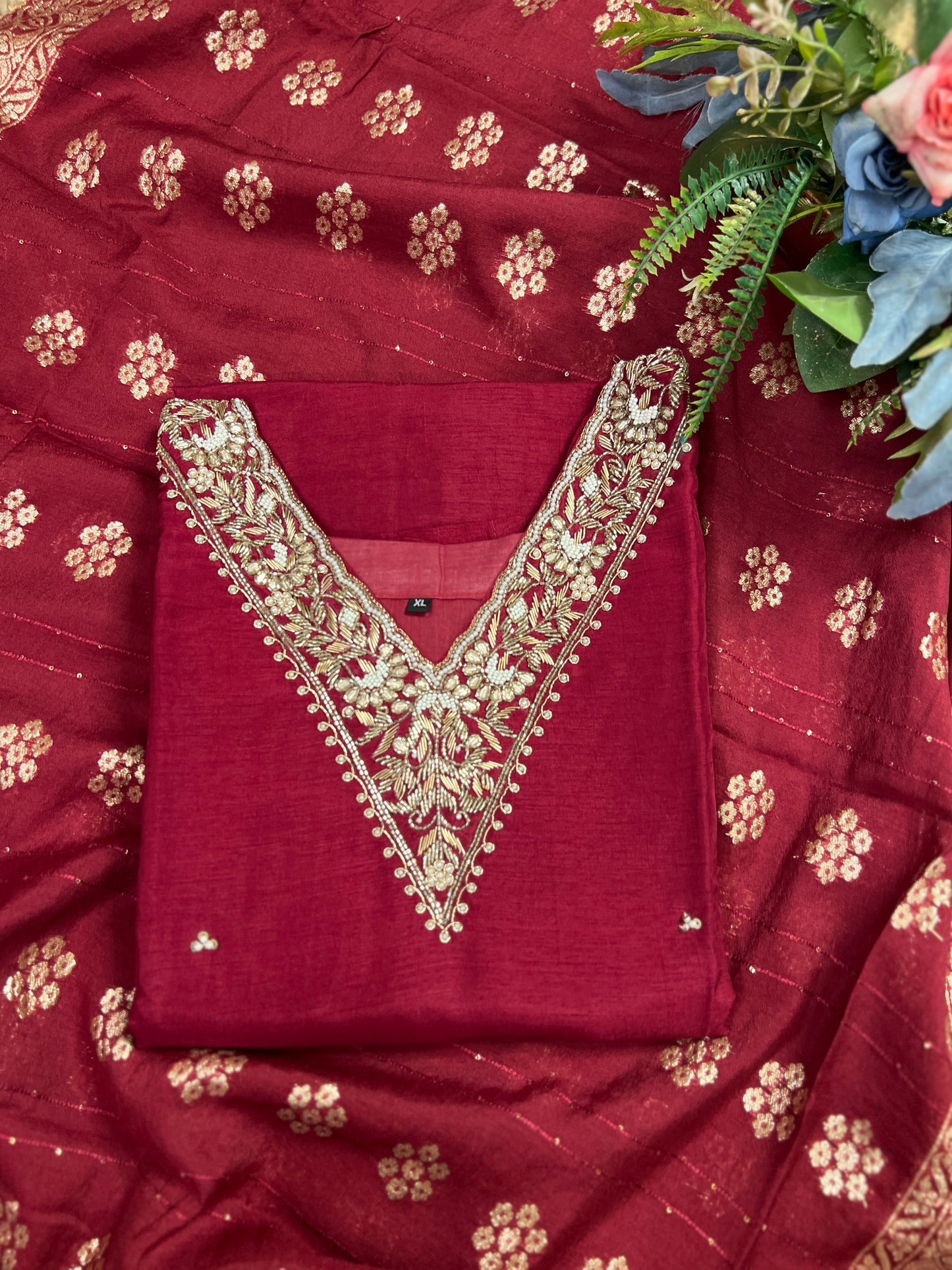 Deep Red Dola Silk Suit with Handwork & Banarasi Dup