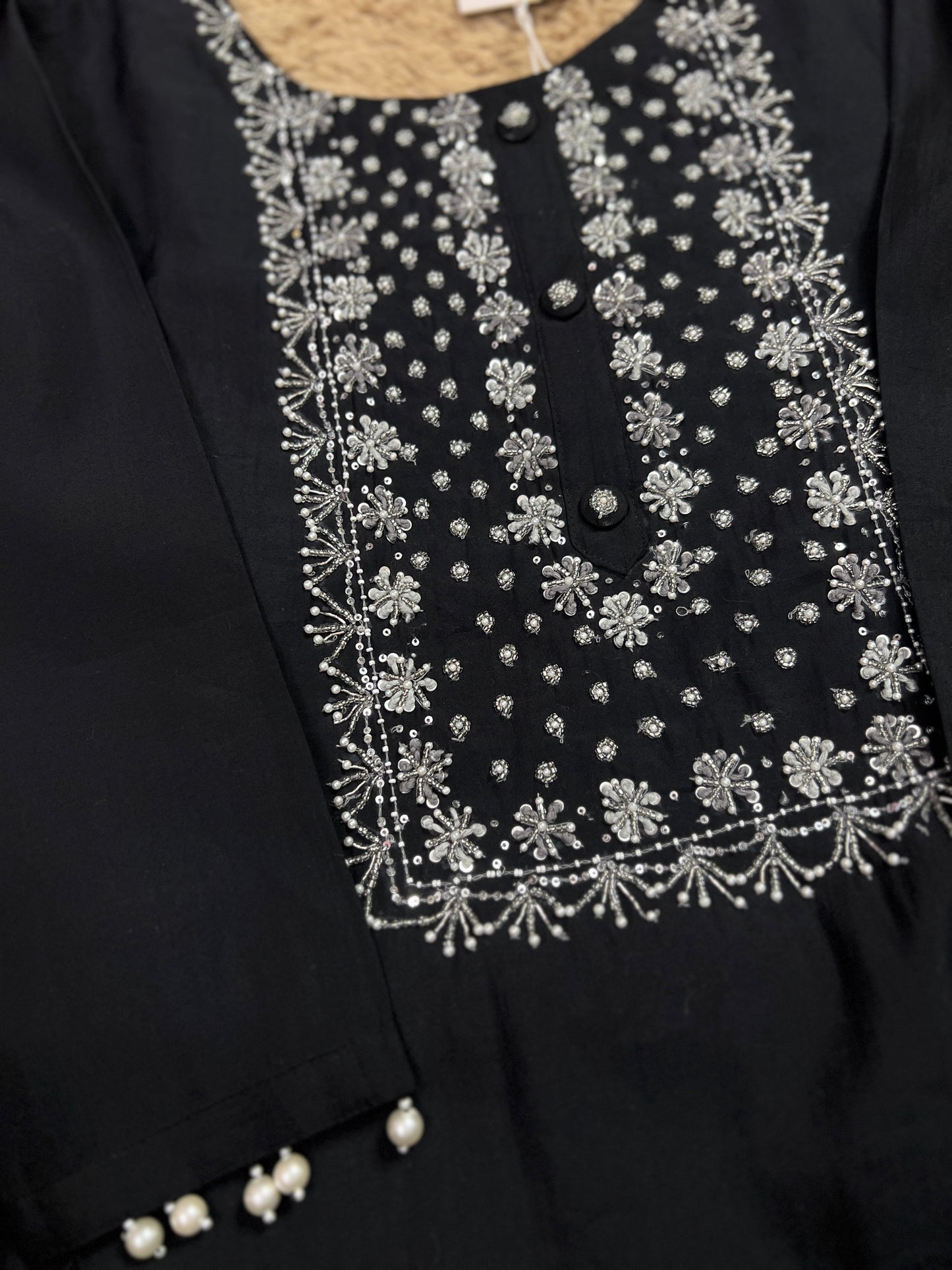 Black Modal Maslin Suit with Cut Dana Neck Work & Embroidered Organza Dupatta