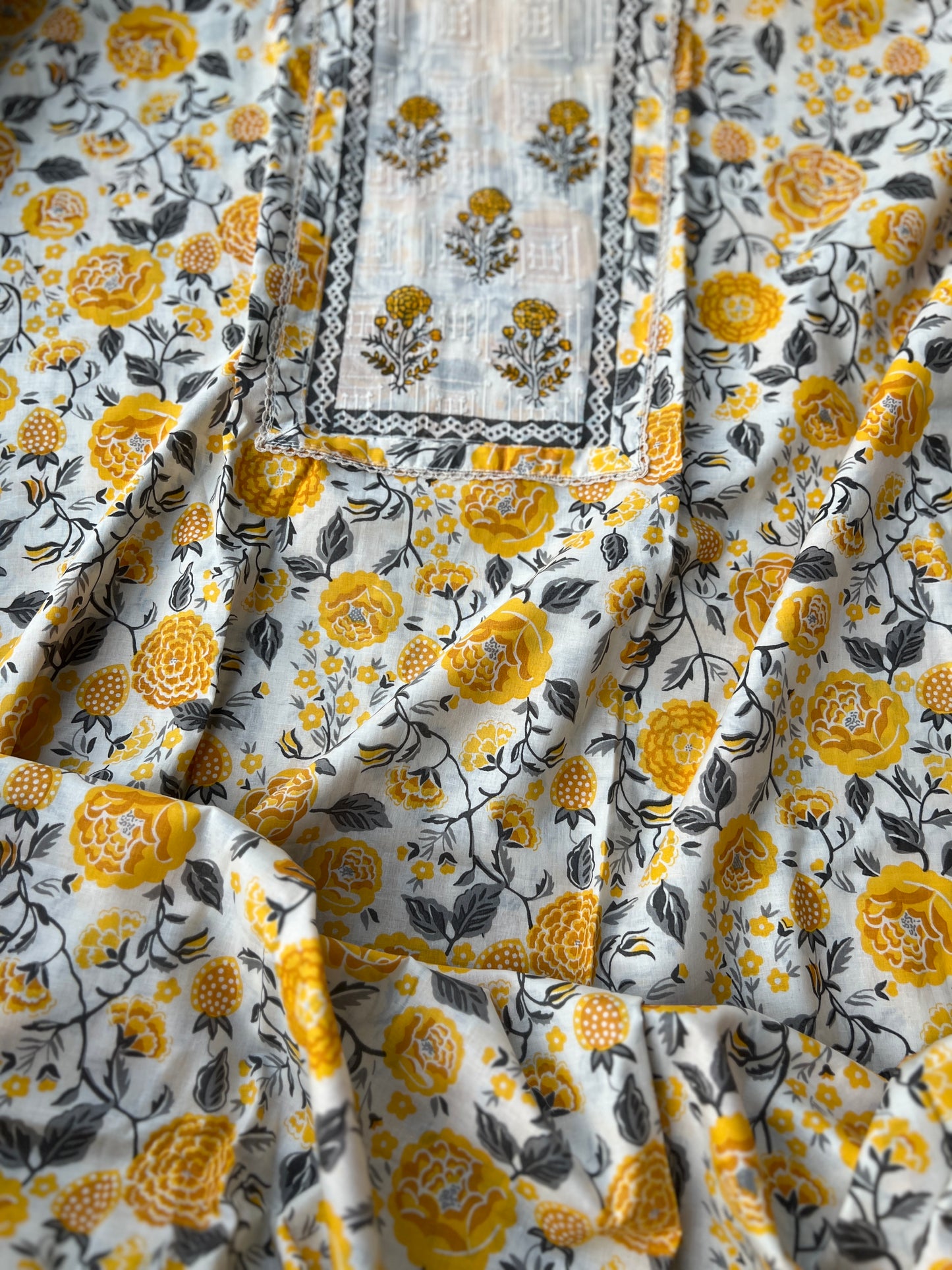 Mustard Floral Handblock Cotton Suit Set