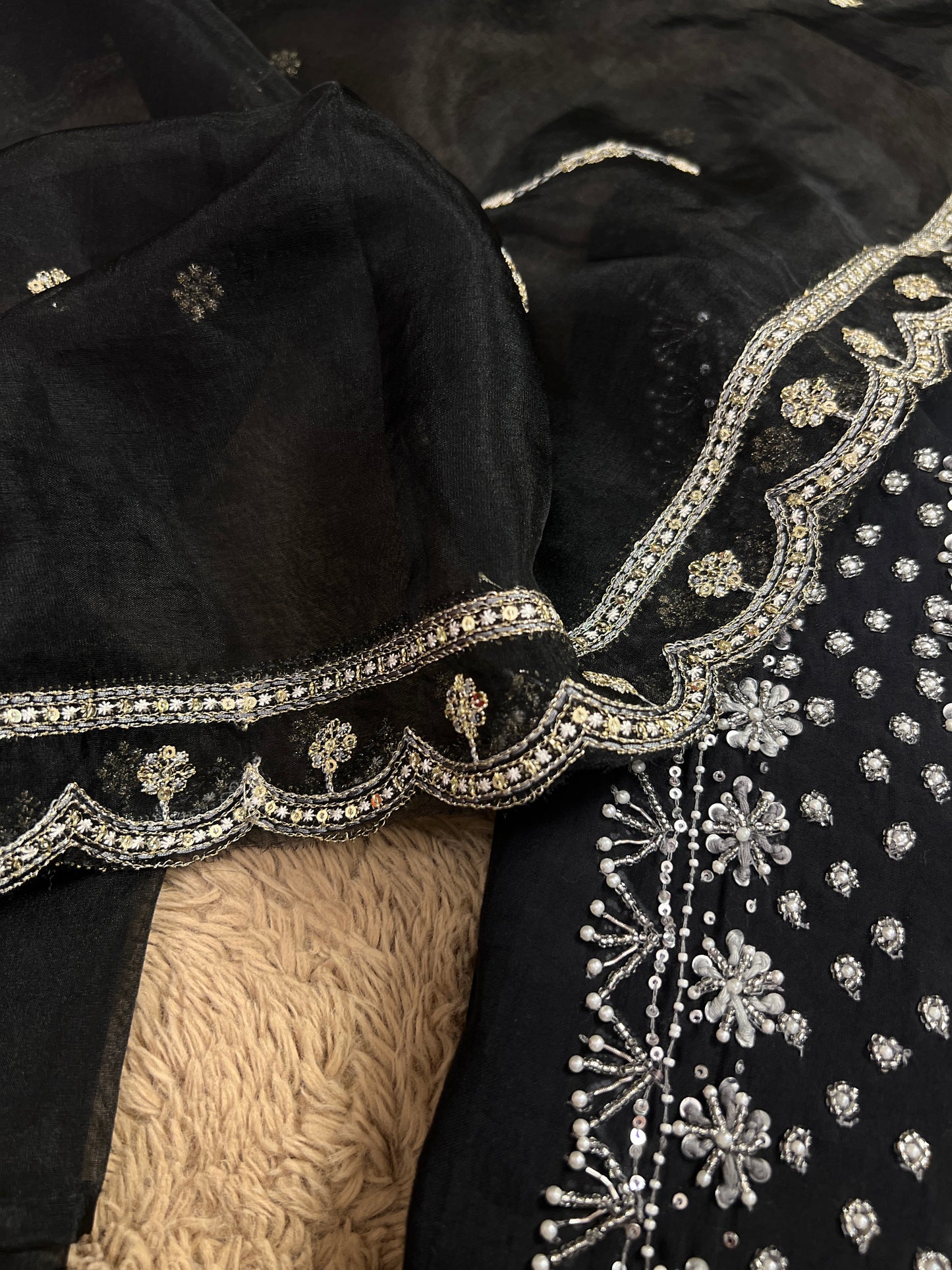 Black Modal Maslin Suit with Cut Dana Neck Work & Embroidered Organza Dupatta