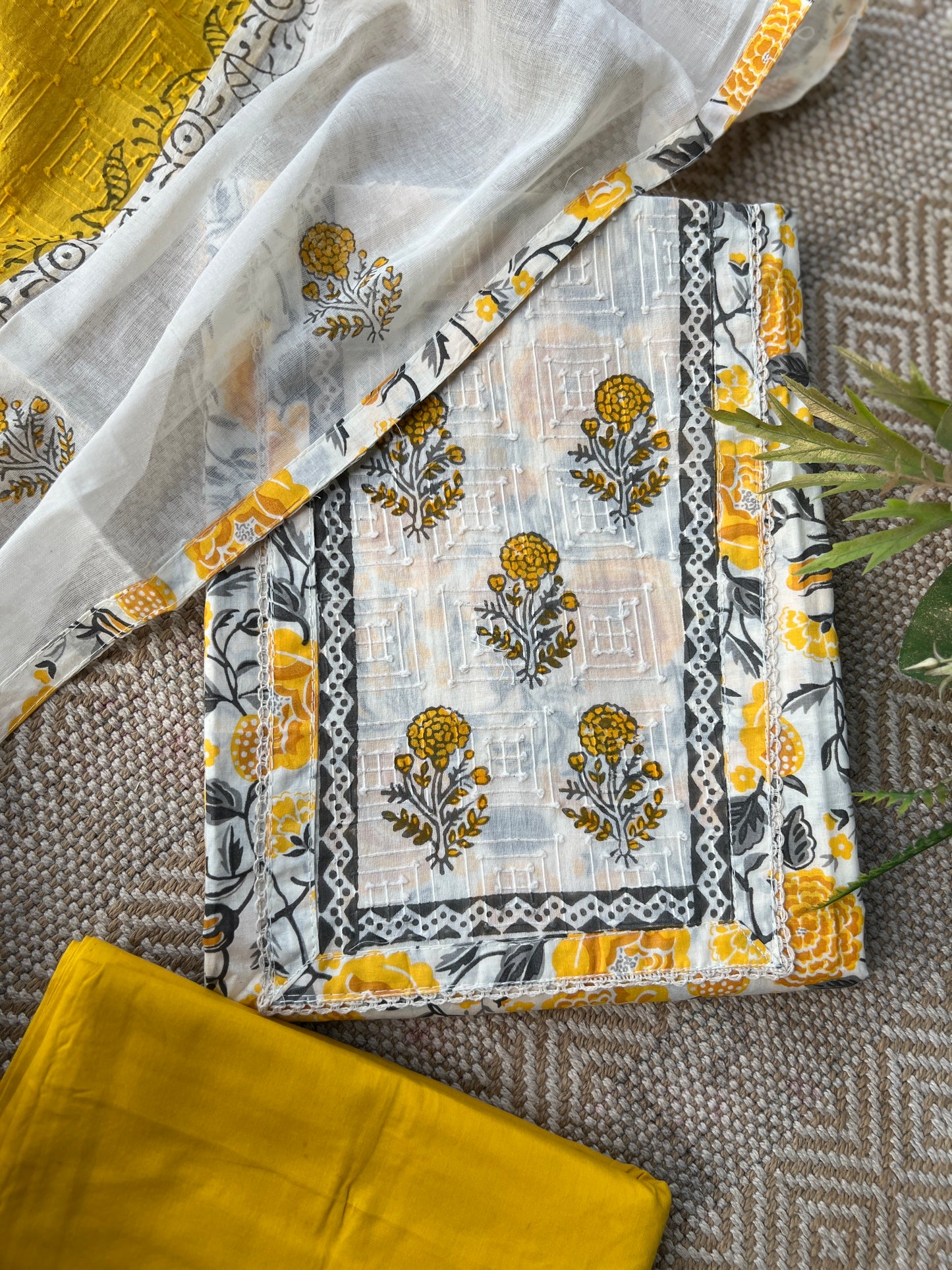 Mustard Floral Handblock Cotton Suit Set
