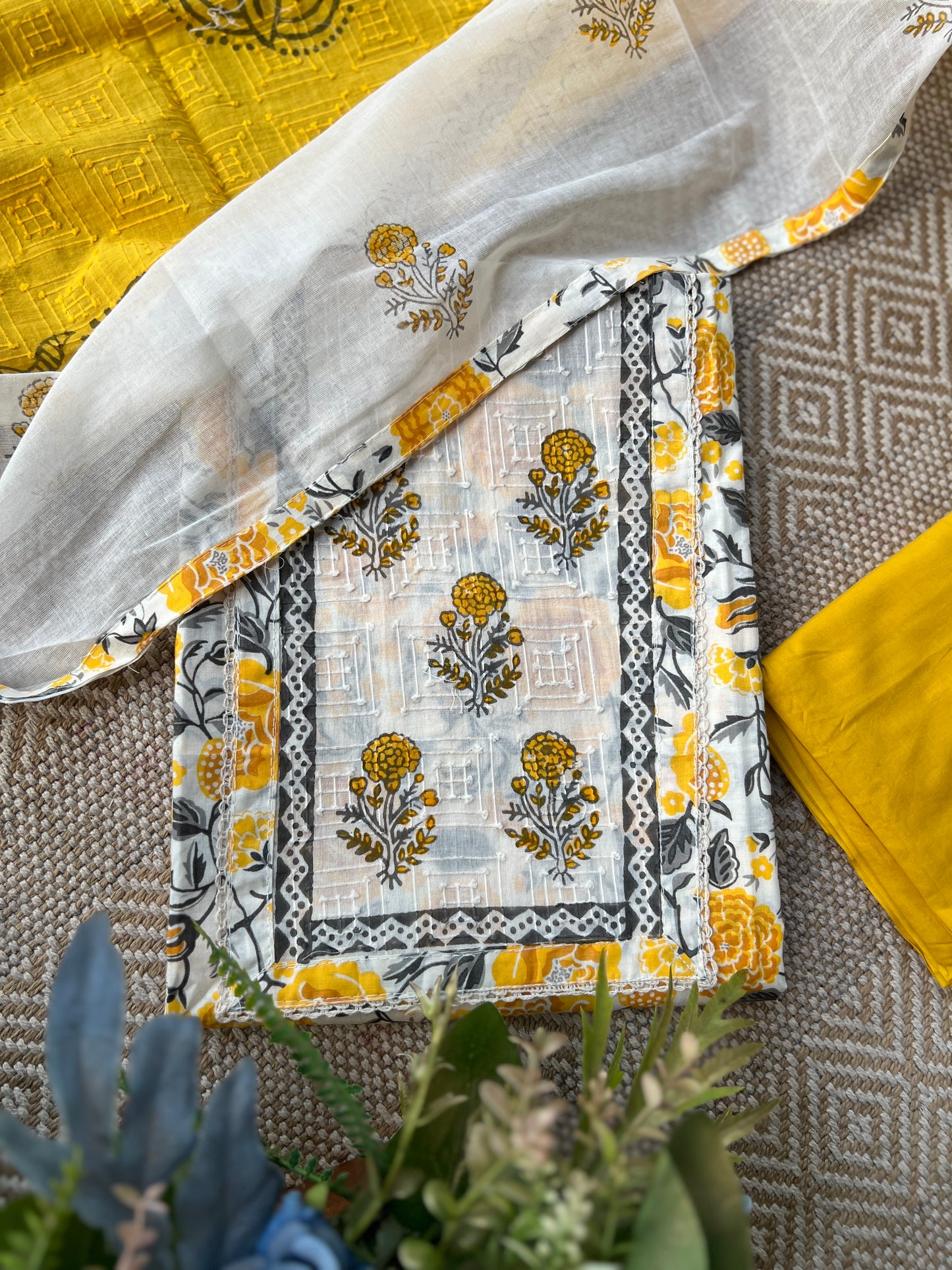 Mustard Floral Handblock Cotton Suit Set