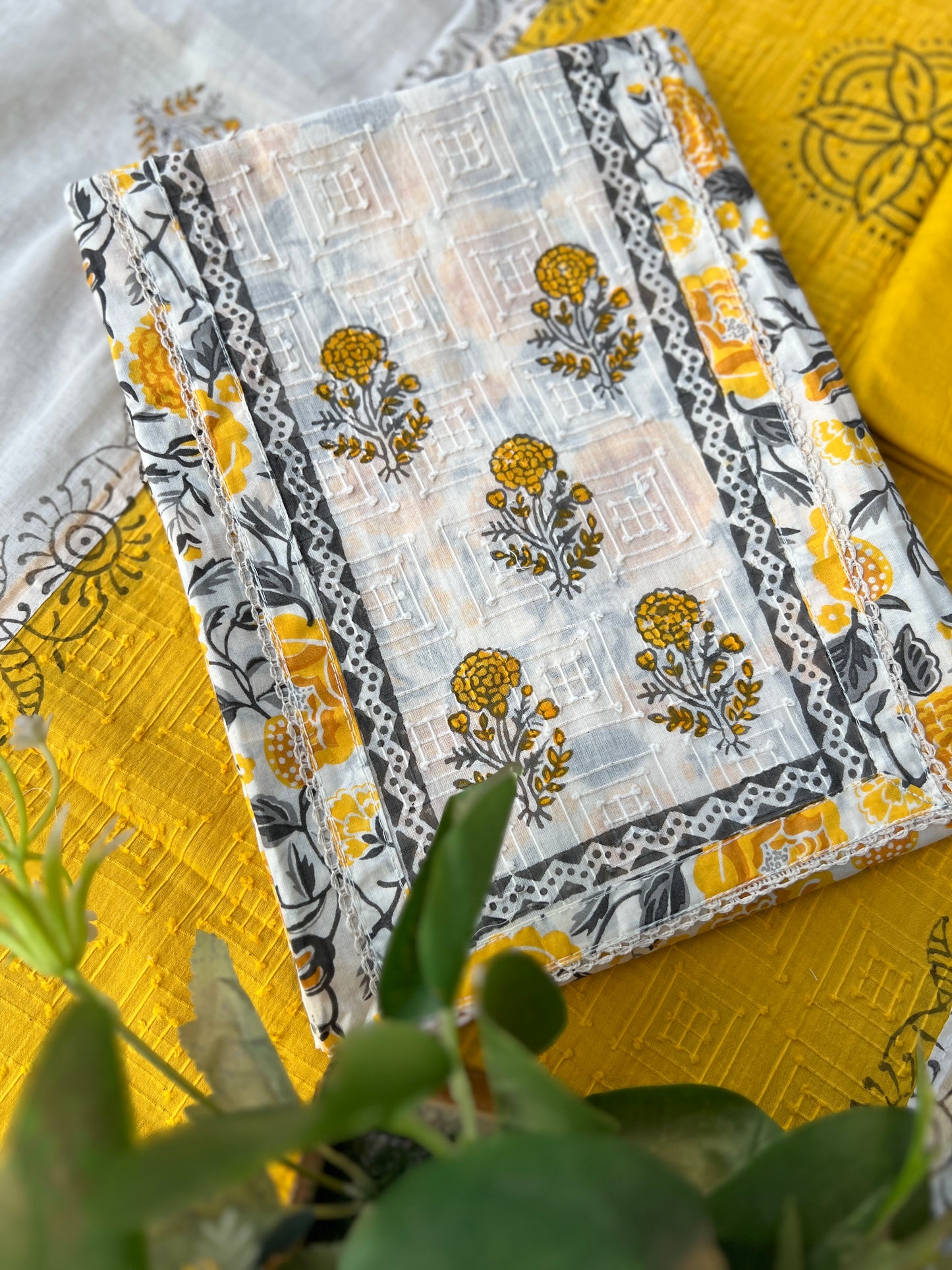 Mustard Floral Handblock Cotton Suit Set