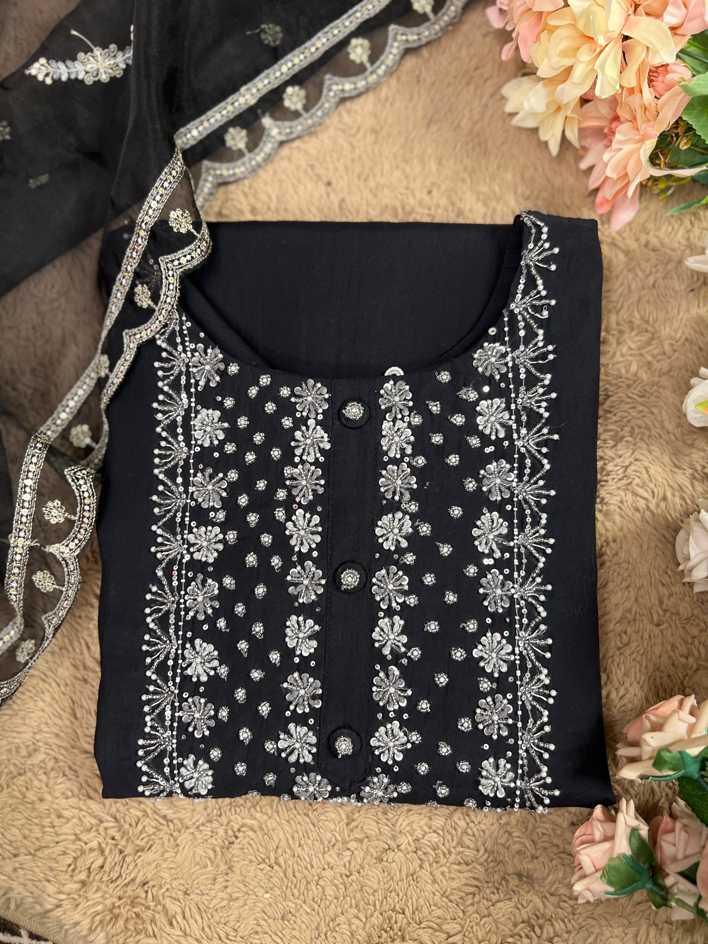 Black Modal Maslin Suit with Cut Dana Neck Work & Embroidered Organza Dupatta