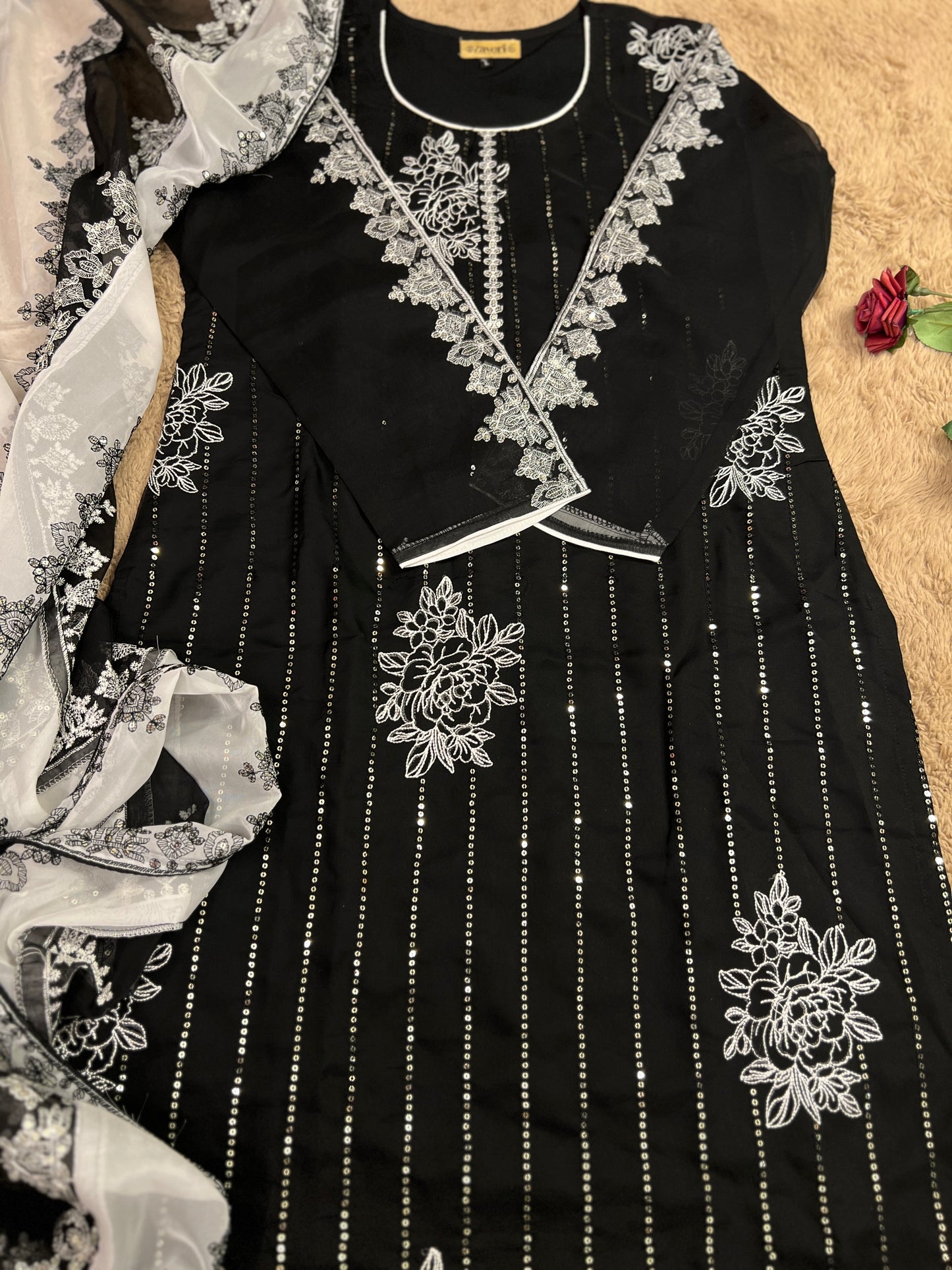 Black & White Sequin Embroidered Pakistani Style Salwar Suit