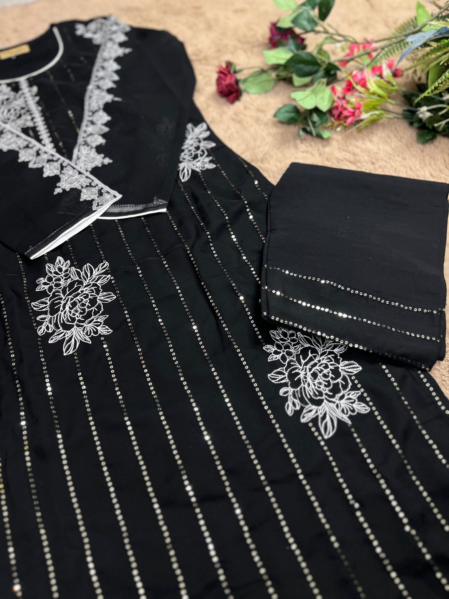 Black & White Sequin Embroidered Pakistani Style Salwar Suit