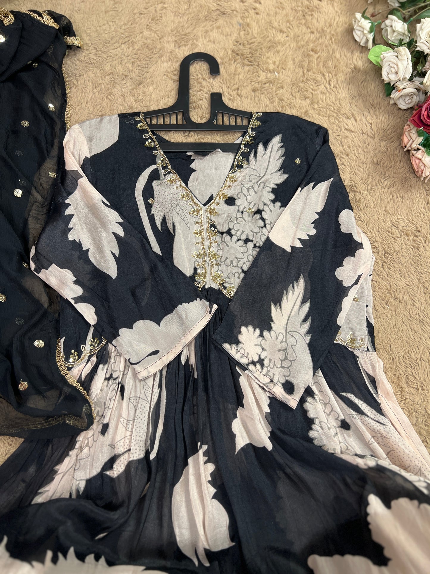 Black And White Aaliya cut ready to wear