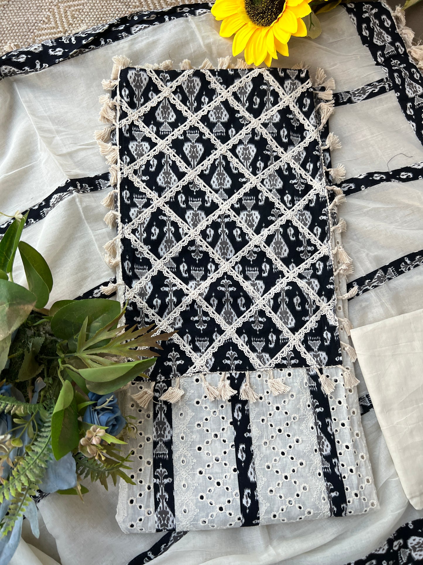 Black & Offwhite schiffli work pure cotton suits sets