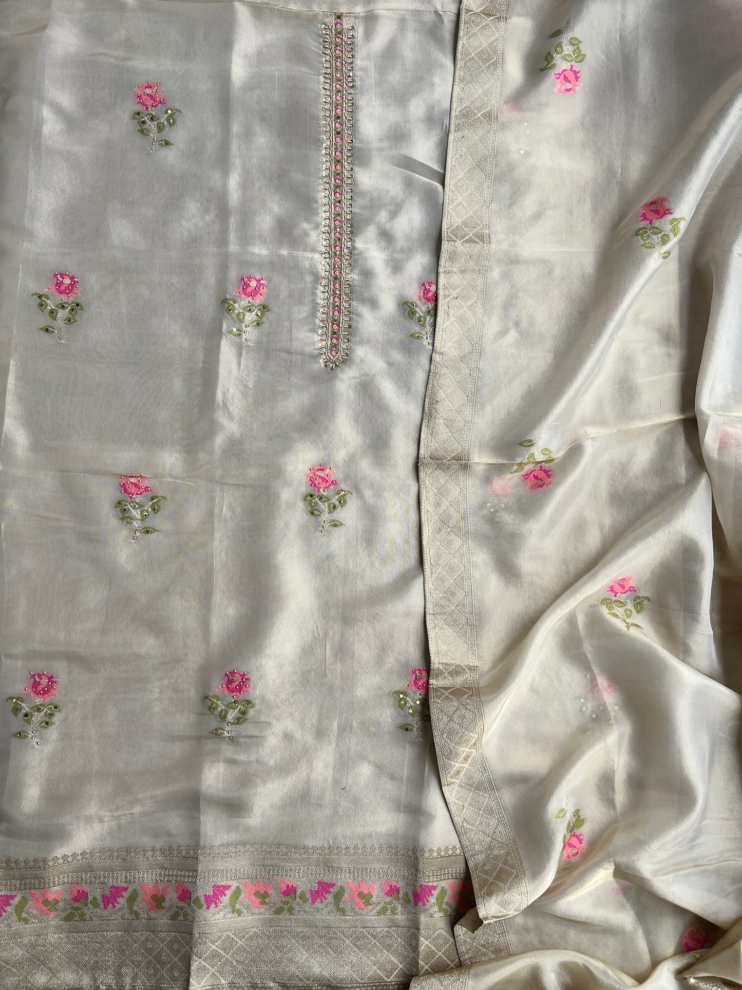 Elegant Kanjivaram Floral Weave Suit with Handworked Neckline & Banarasi Dupatta