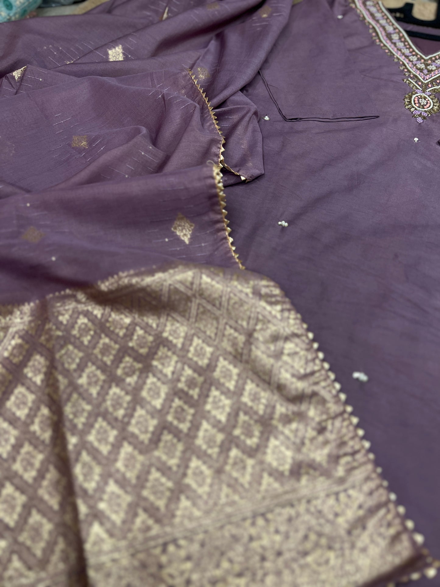 Stunning lavendar handwork ready to wear Suit