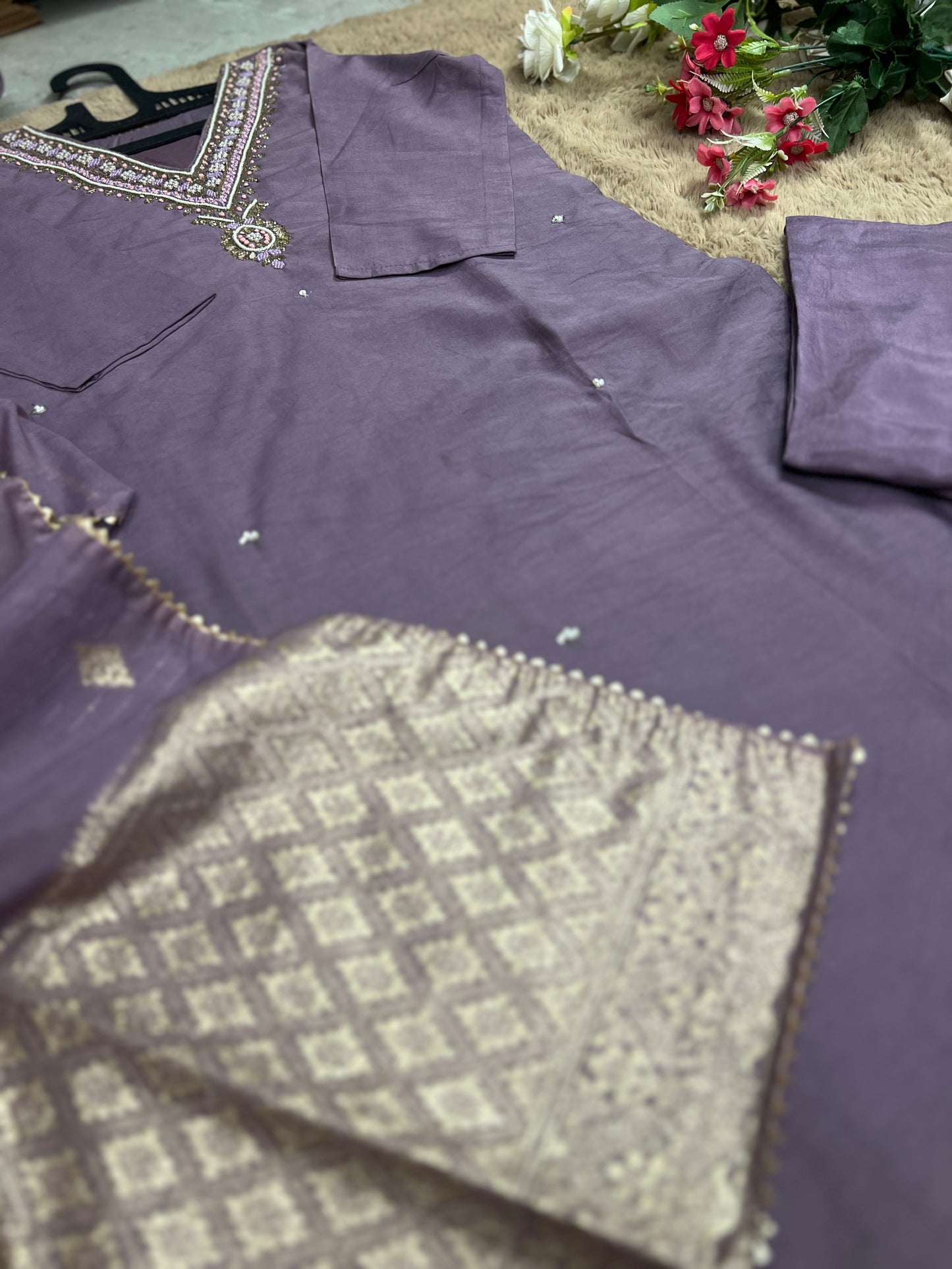 Stunning lavendar handwork ready to wear Suit