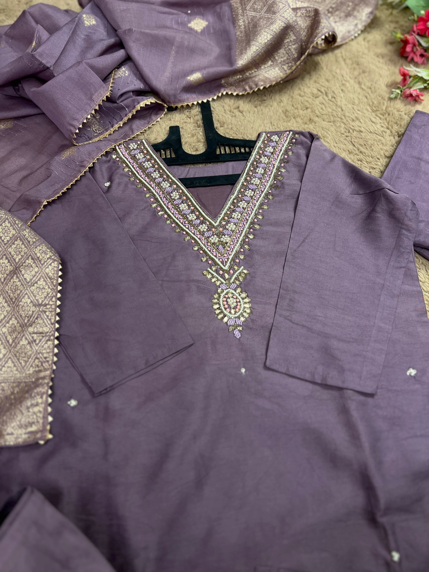 Stunning lavendar handwork ready to wear Suit