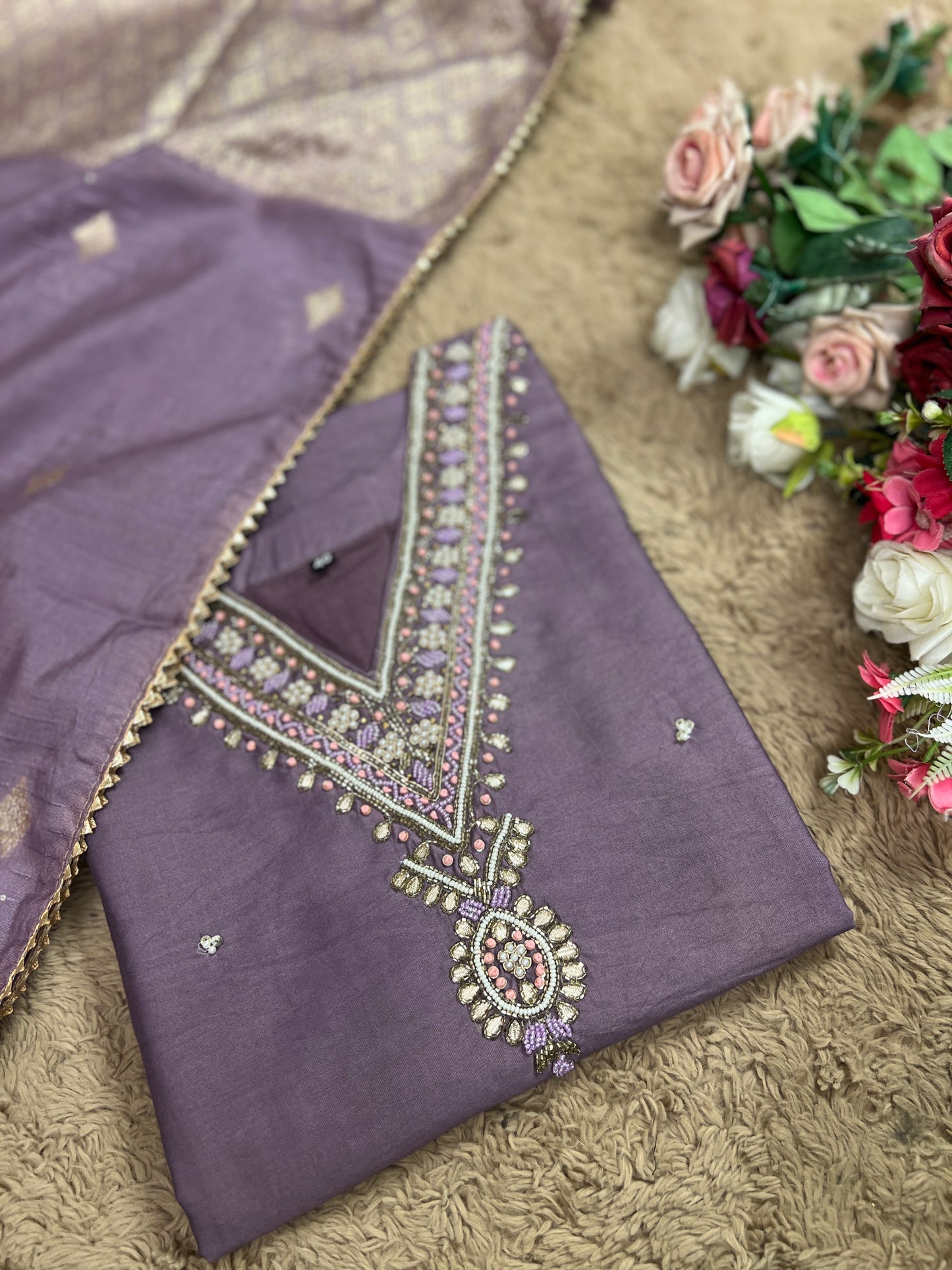 Stunning lavendar handwork ready to wear Suit