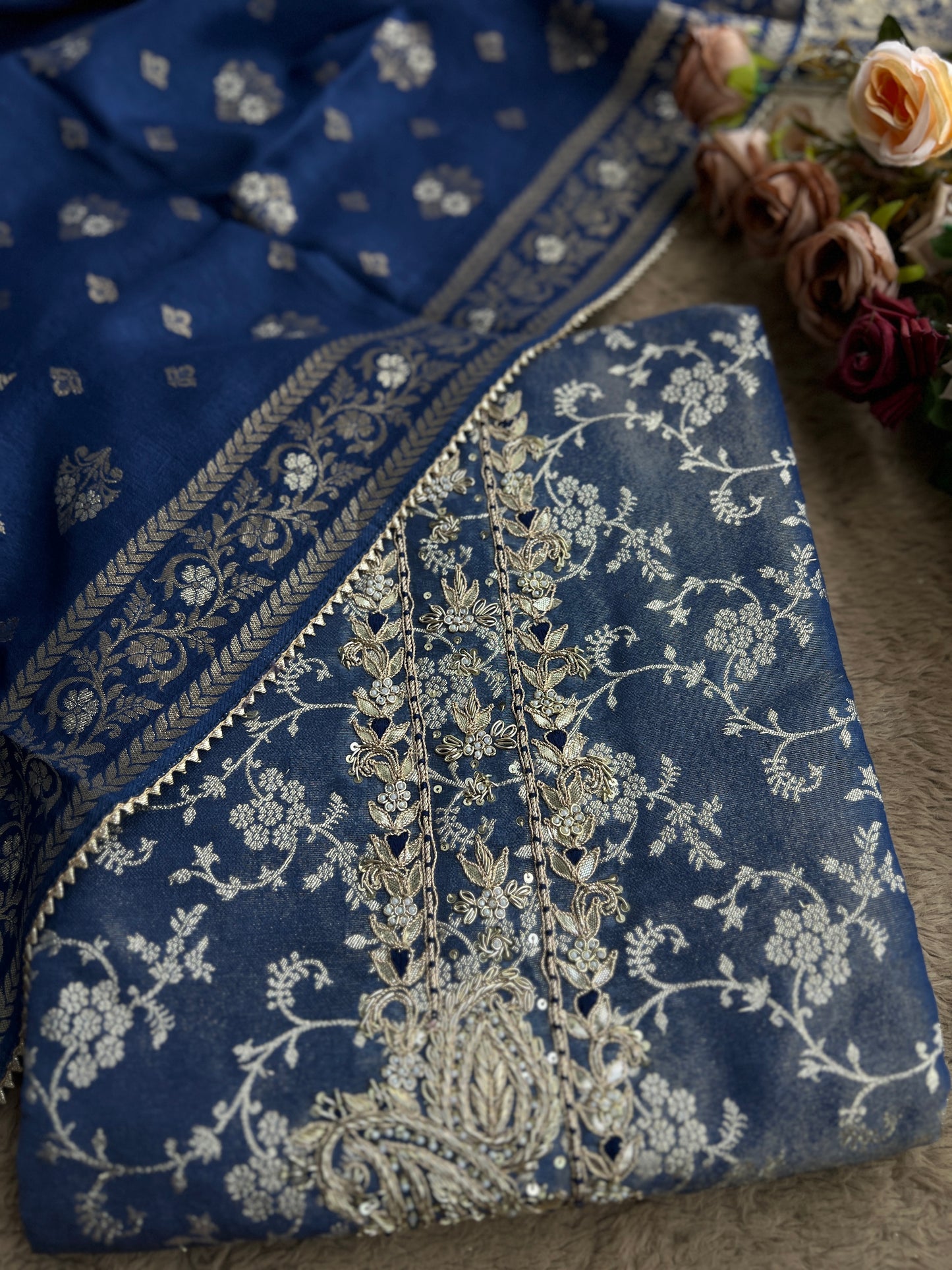Slate Blue Jacquard Banarasi Suit with Handworked Neck & Woven Silk Dupatta
