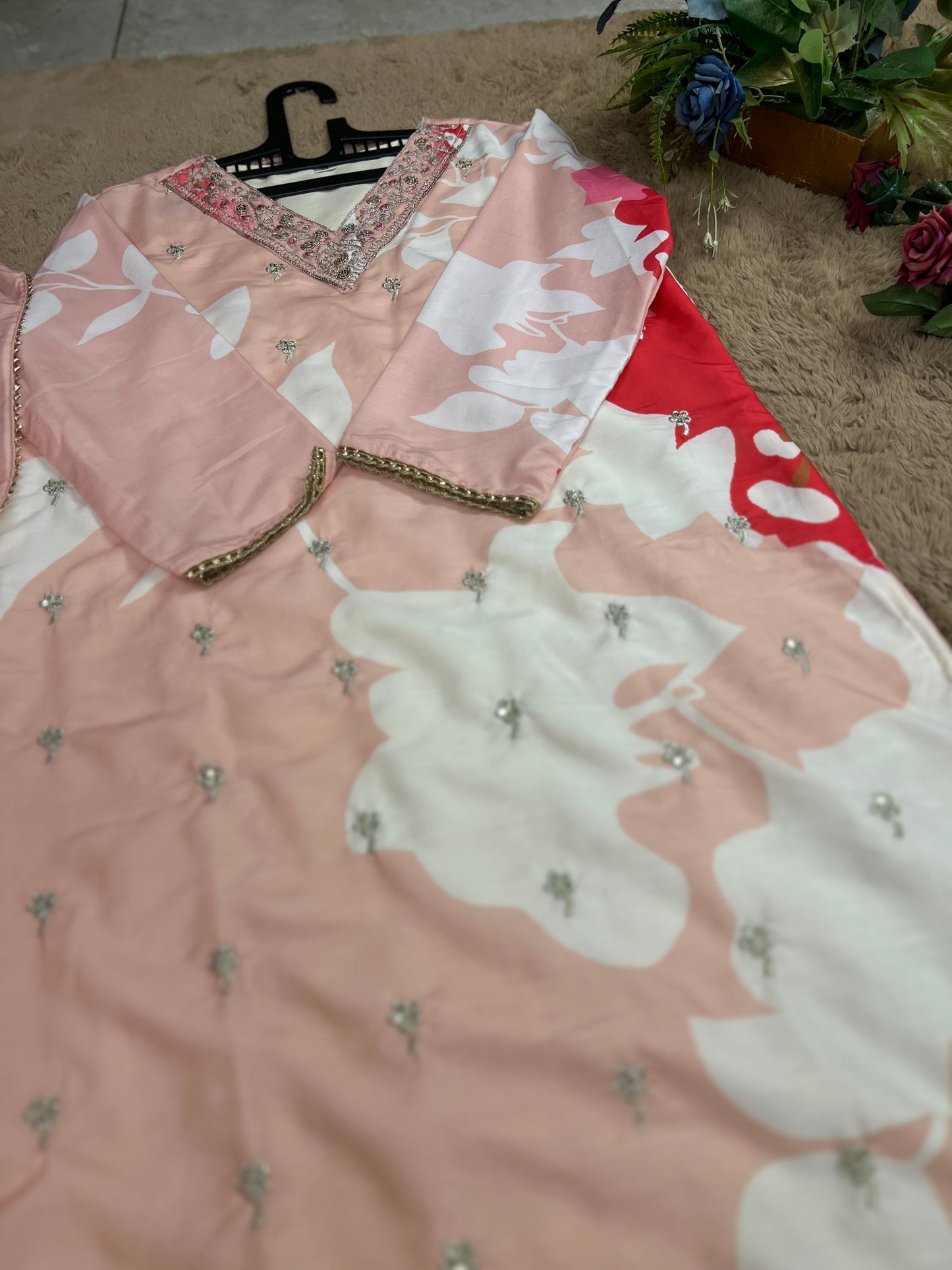 Maslin Printed Suit Set with Embroidered Neckline & Matching Dupatta