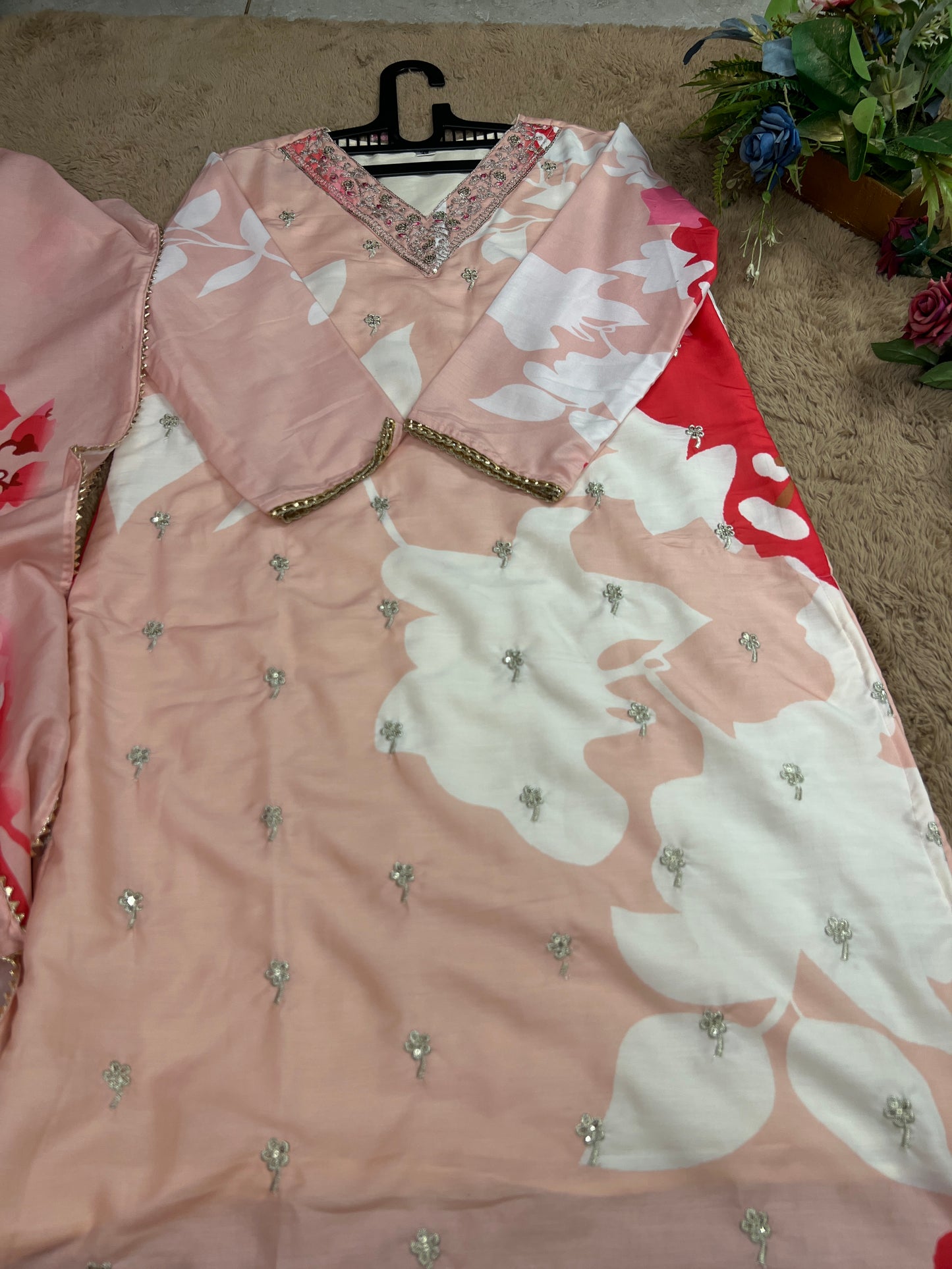 Maslin Printed Suit Set with Embroidered Neckline & Matching Dupatta