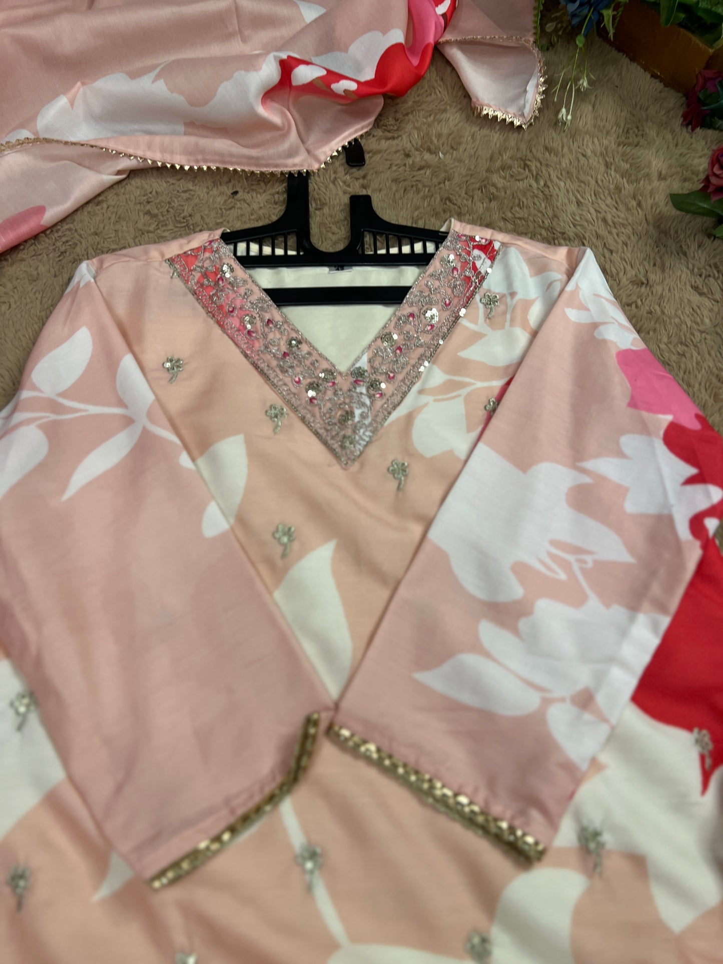Maslin Printed Suit Set with Embroidered Neckline & Matching Dupatta