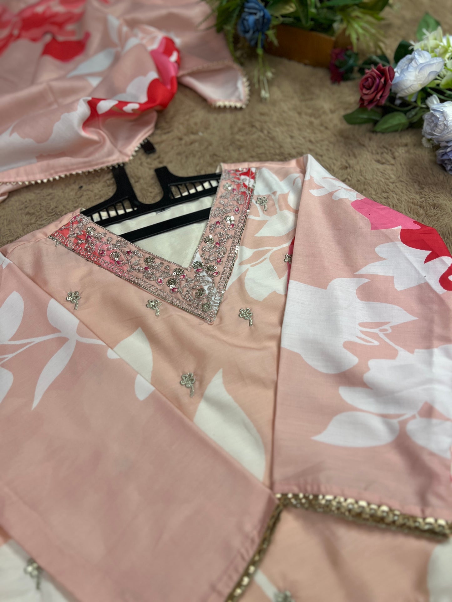 Maslin Printed Suit Set with Embroidered Neckline & Matching Dupatta