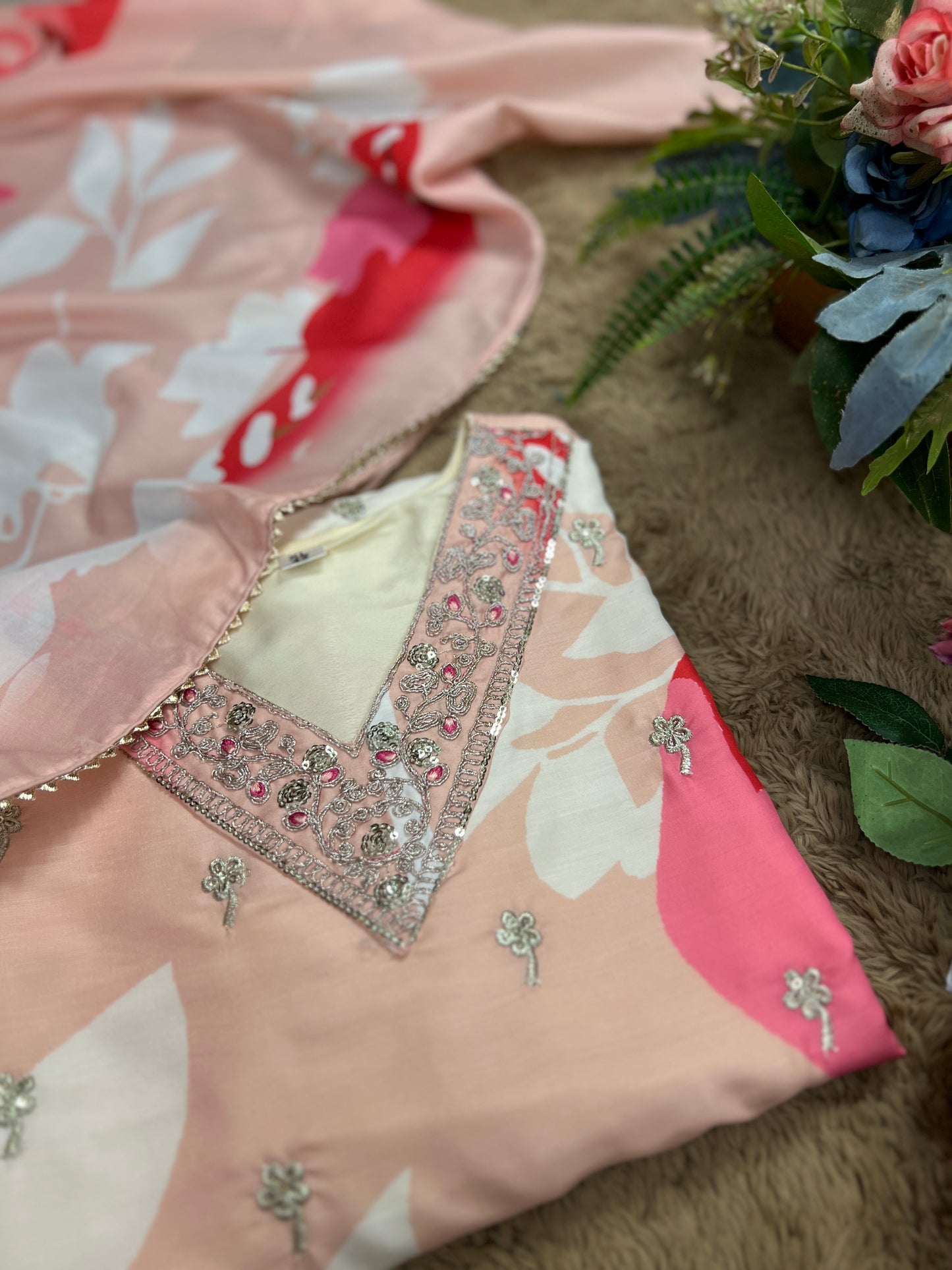Maslin Printed Suit Set with Embroidered Neckline & Matching Dupatta