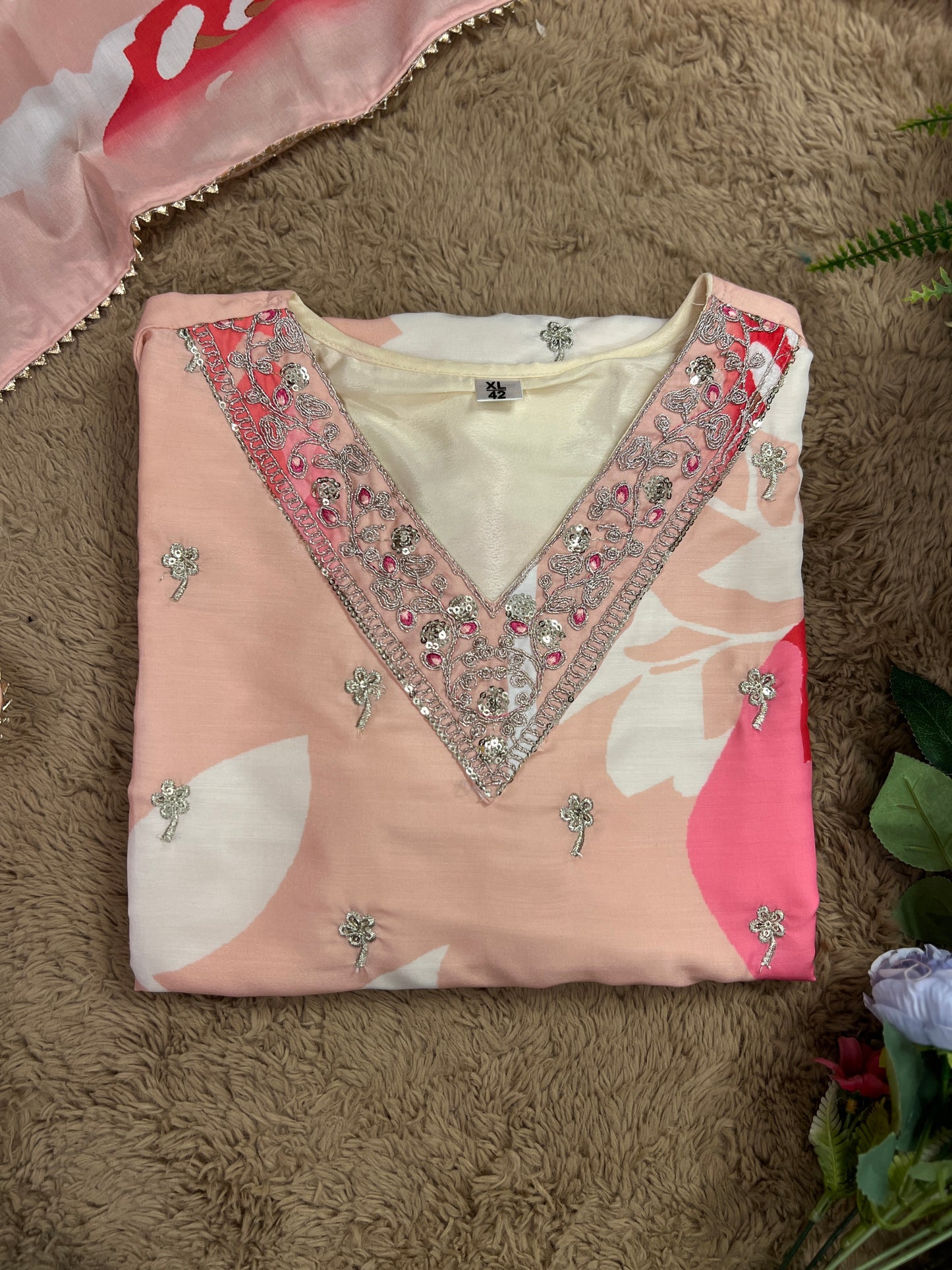 Maslin Printed Suit Set with Embroidered Neckline & Matching Dupatta