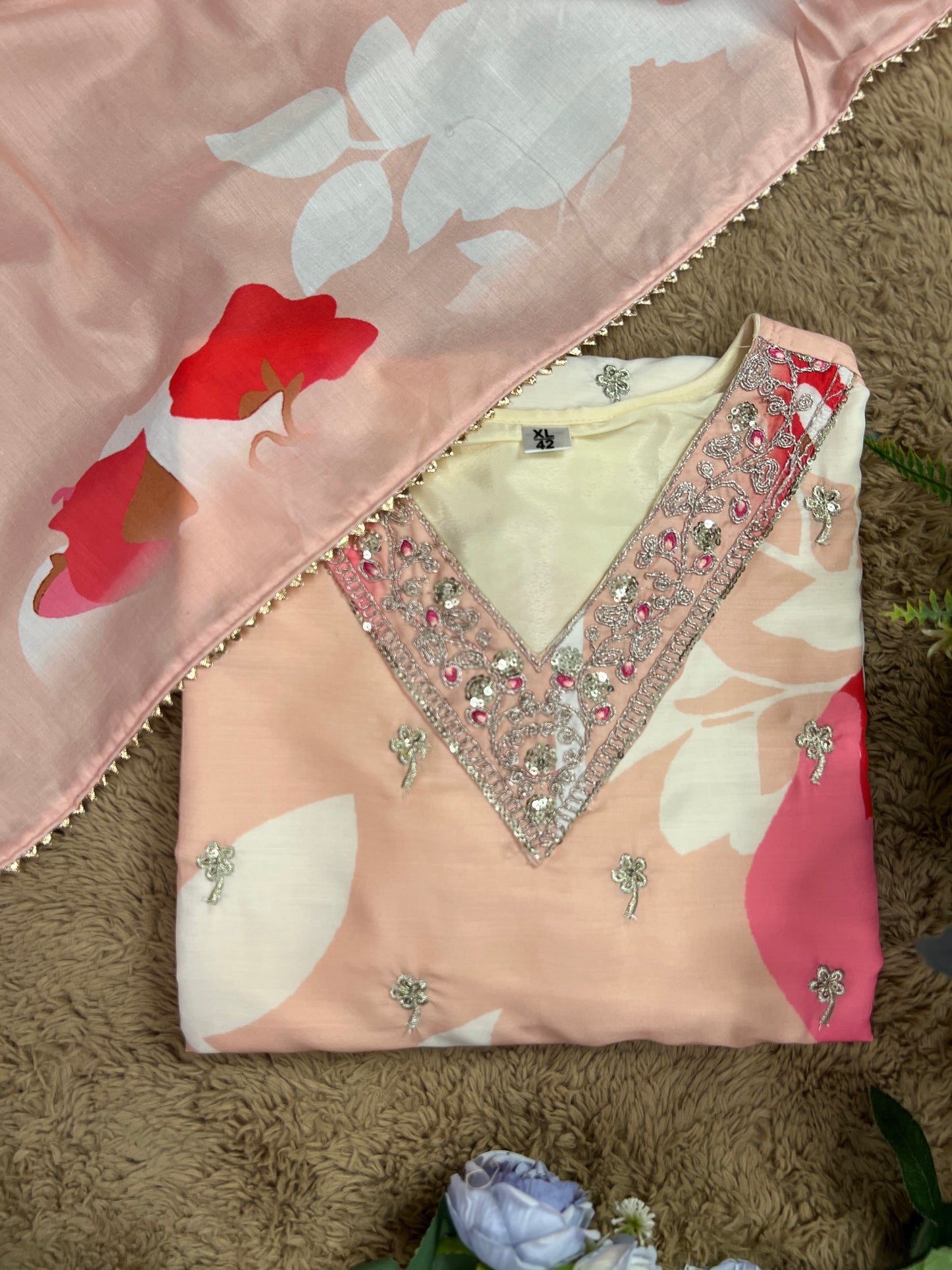 Maslin Printed Suit Set with Embroidered Neckline & Matching Dupatta