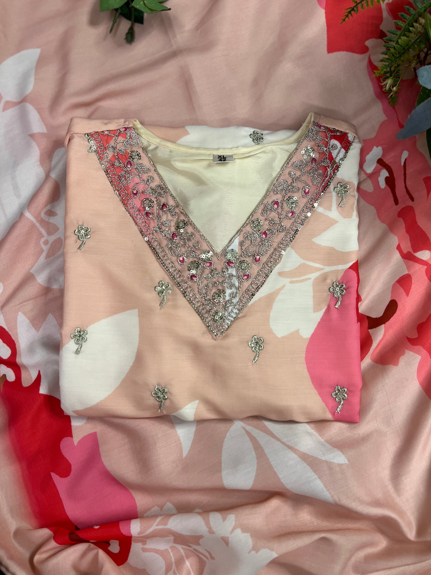Maslin Printed Suit Set with Embroidered Neckline & Matching Dupatta