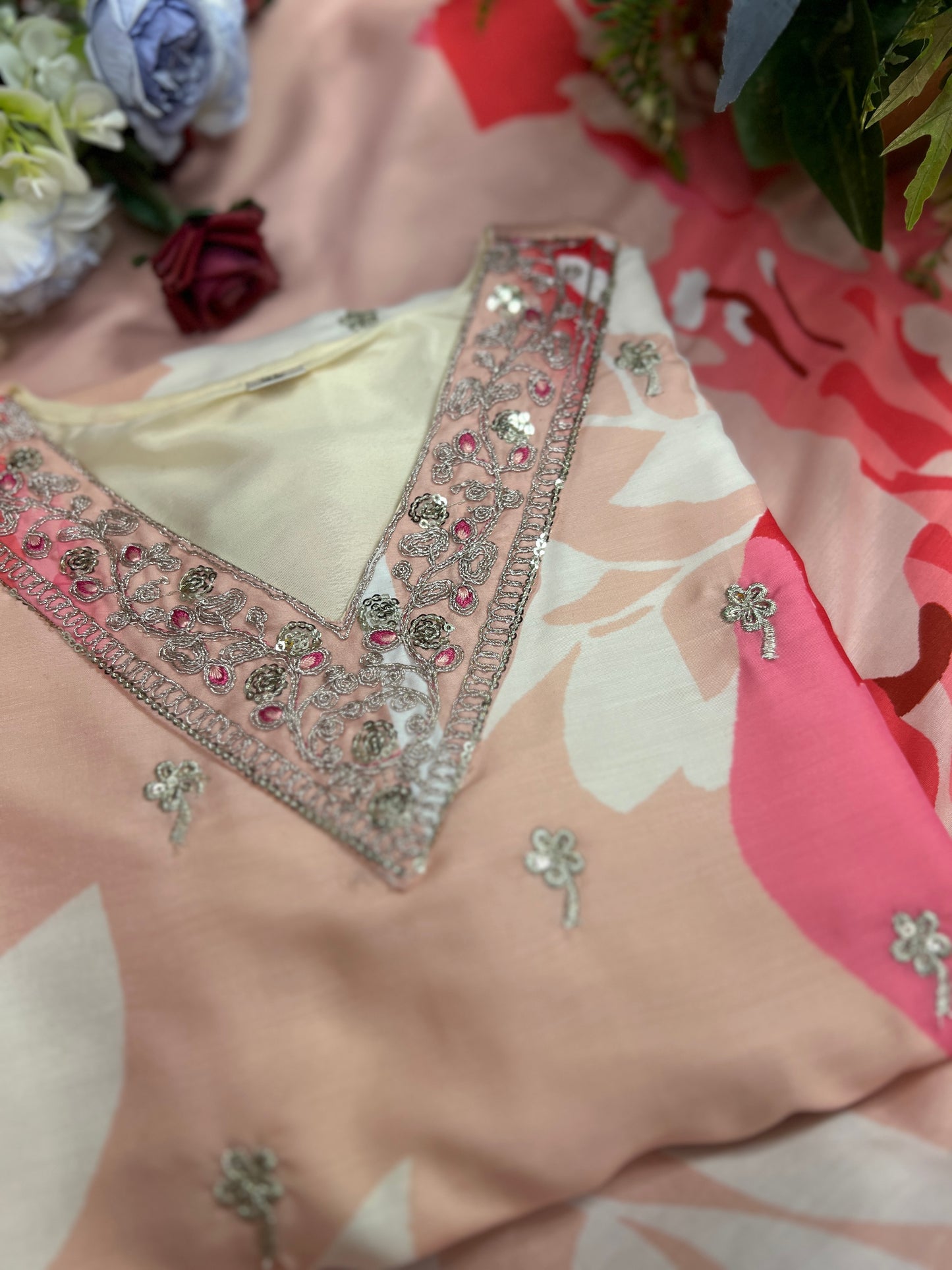 Maslin Printed Suit Set with Embroidered Neckline & Matching Dupatta