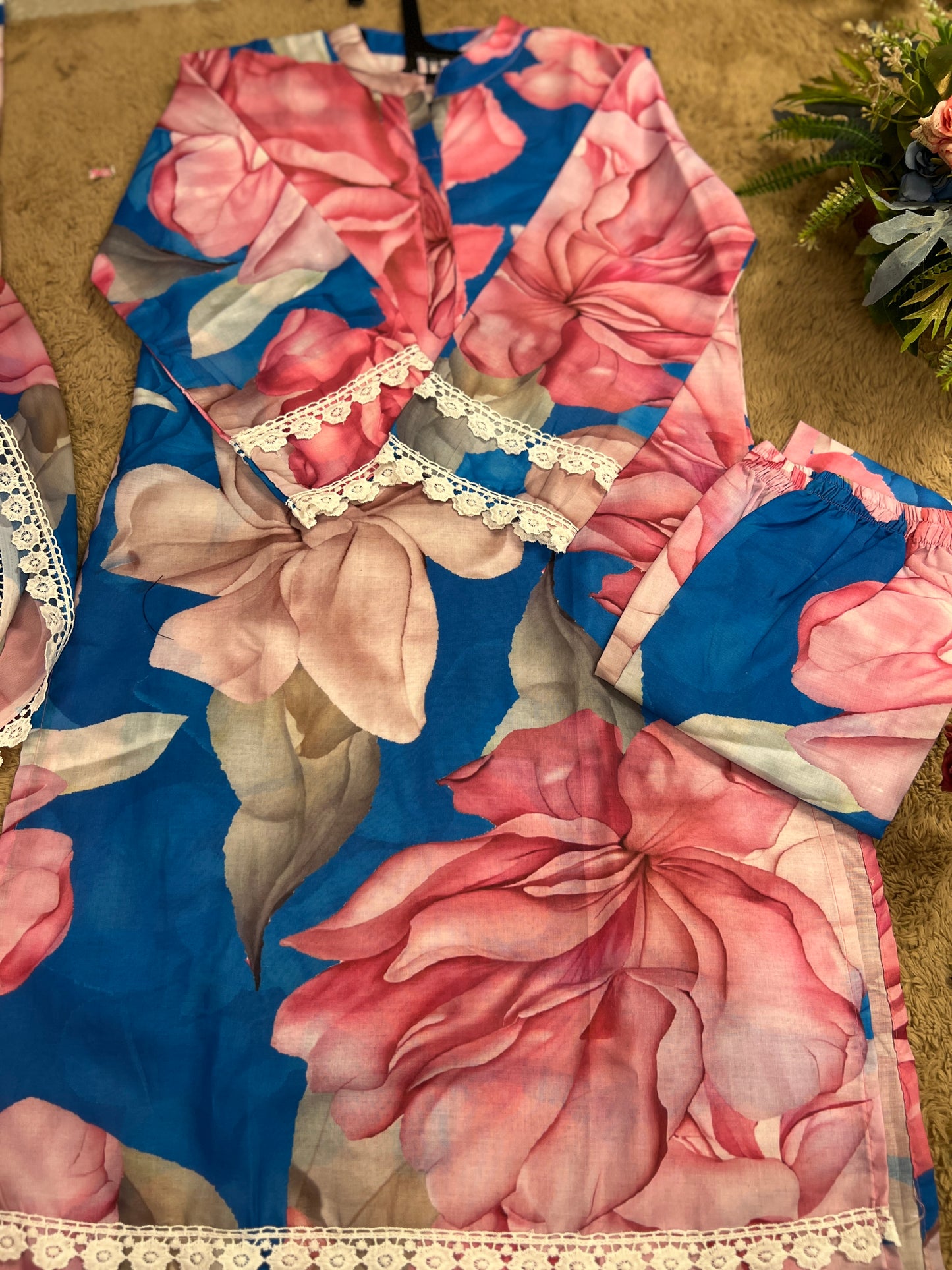 Karachi Style Three-Piece Co-ord Set in Floral Slub Cotton with Lace Detailing