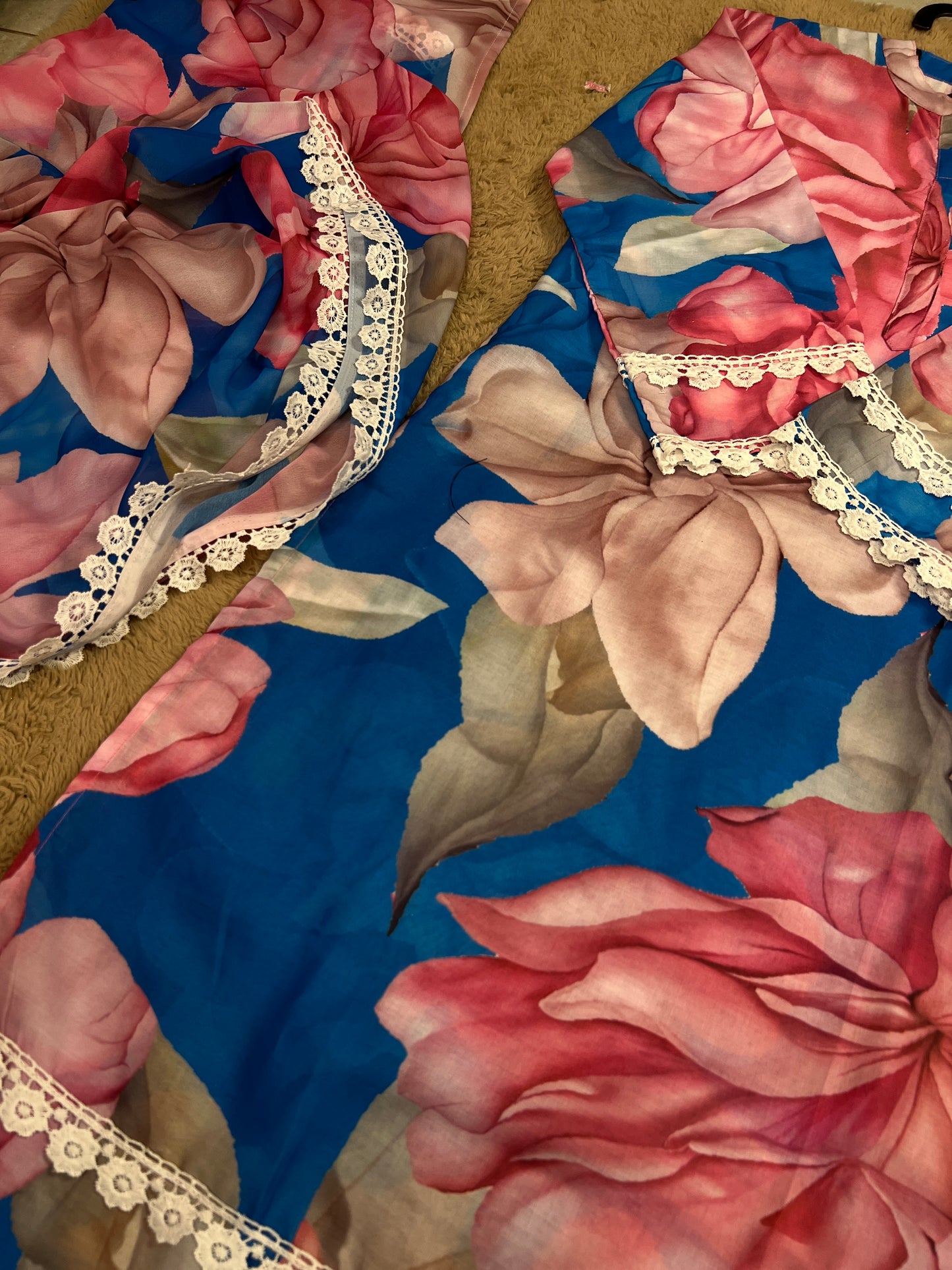 Karachi Style Three-Piece Co-ord Set in Floral Slub Cotton with Lace Detailing