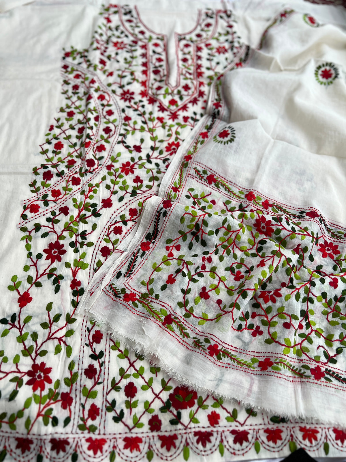 Crimson Bloom Ivory Hand-Embroidered Suit Set