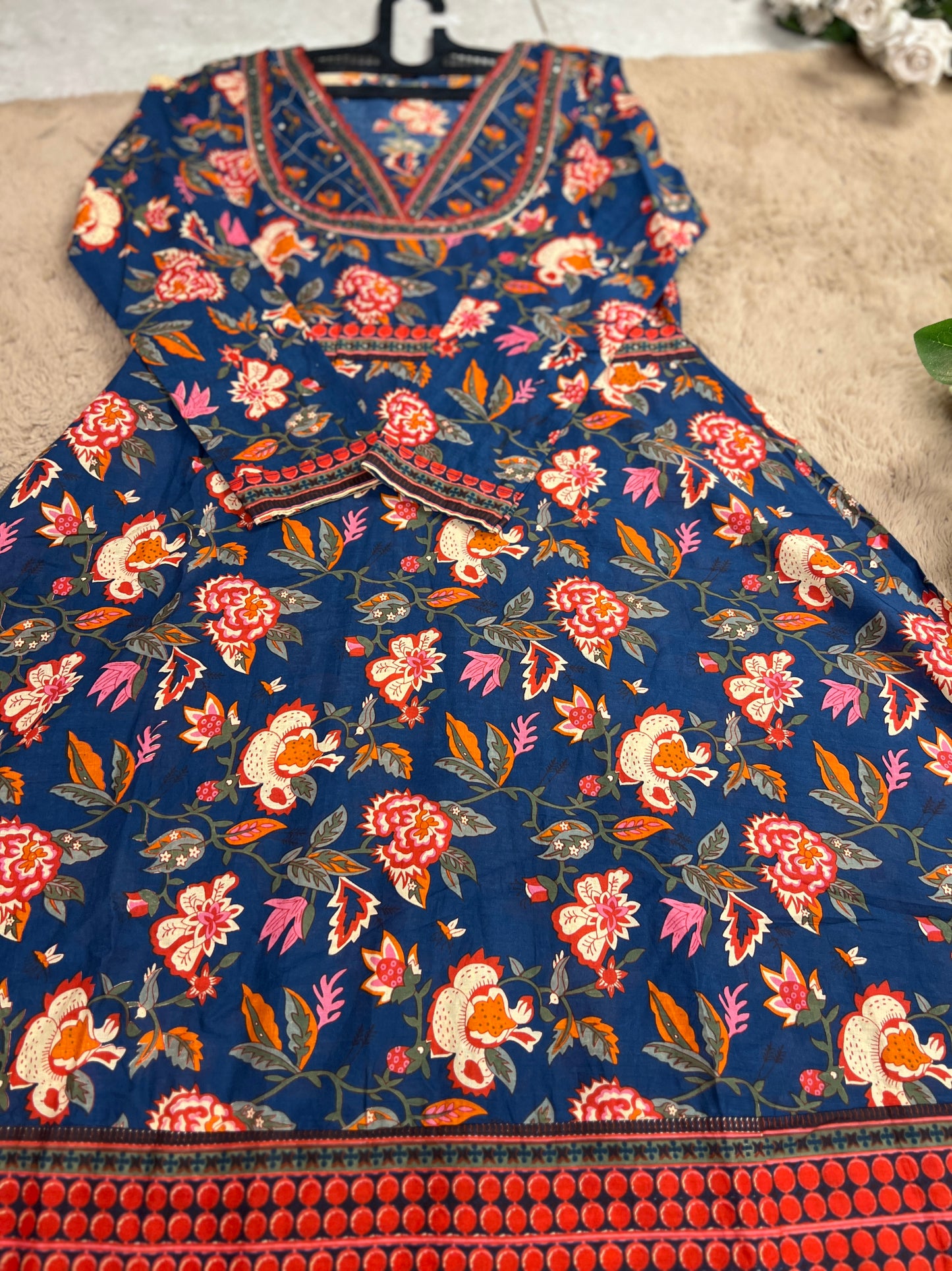 Navy Blue Floral Handblock Cotton Ready to wear Set with Embroidered Neckline