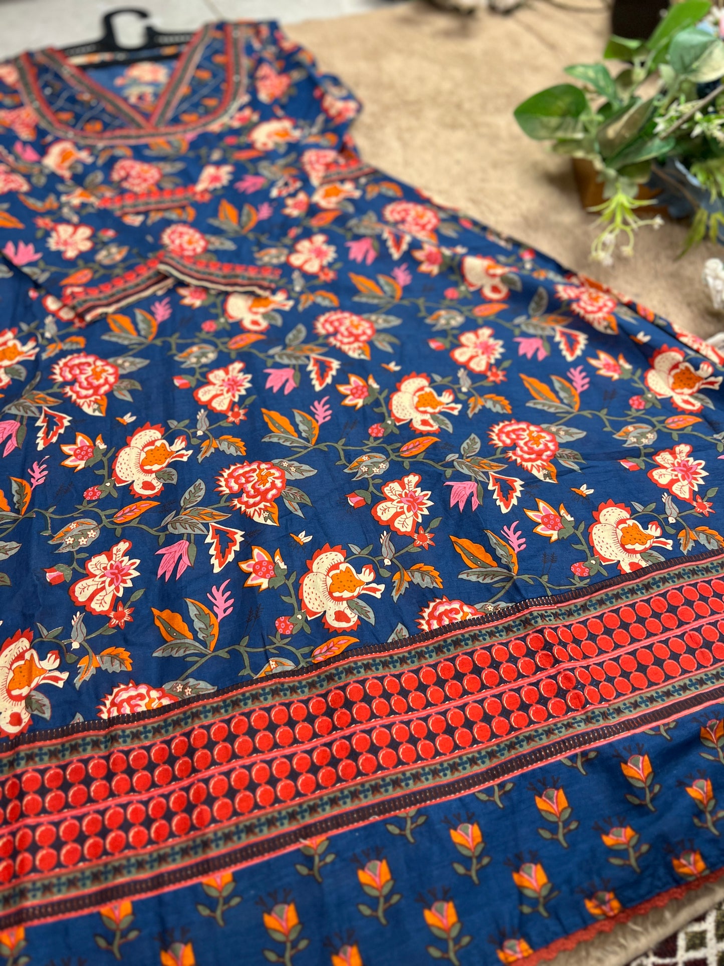 Navy Blue Floral Handblock Cotton Ready to wear Set with Embroidered Neckline