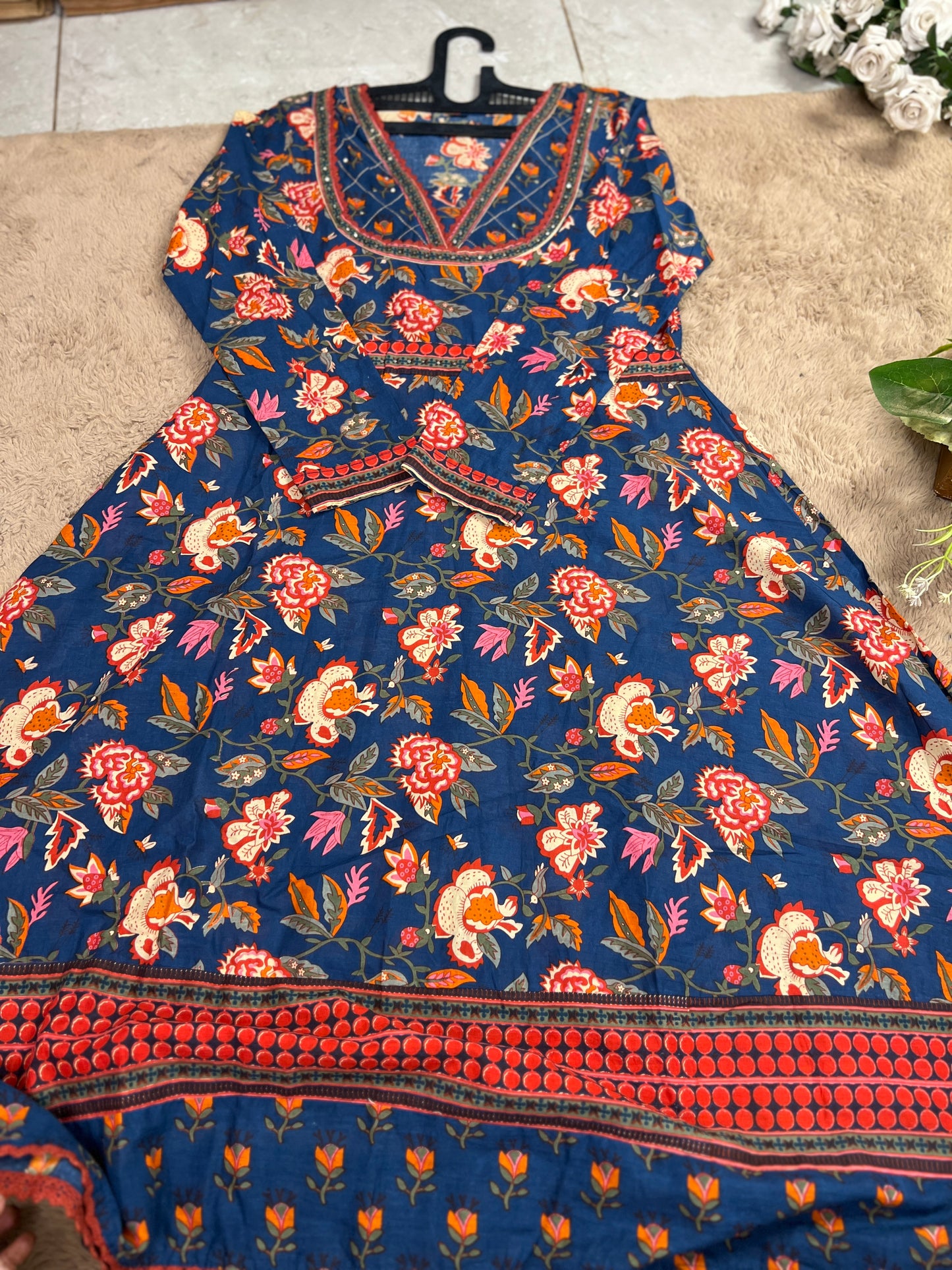 Navy Blue Floral Handblock Cotton Ready to wear Set with Embroidered Neckline