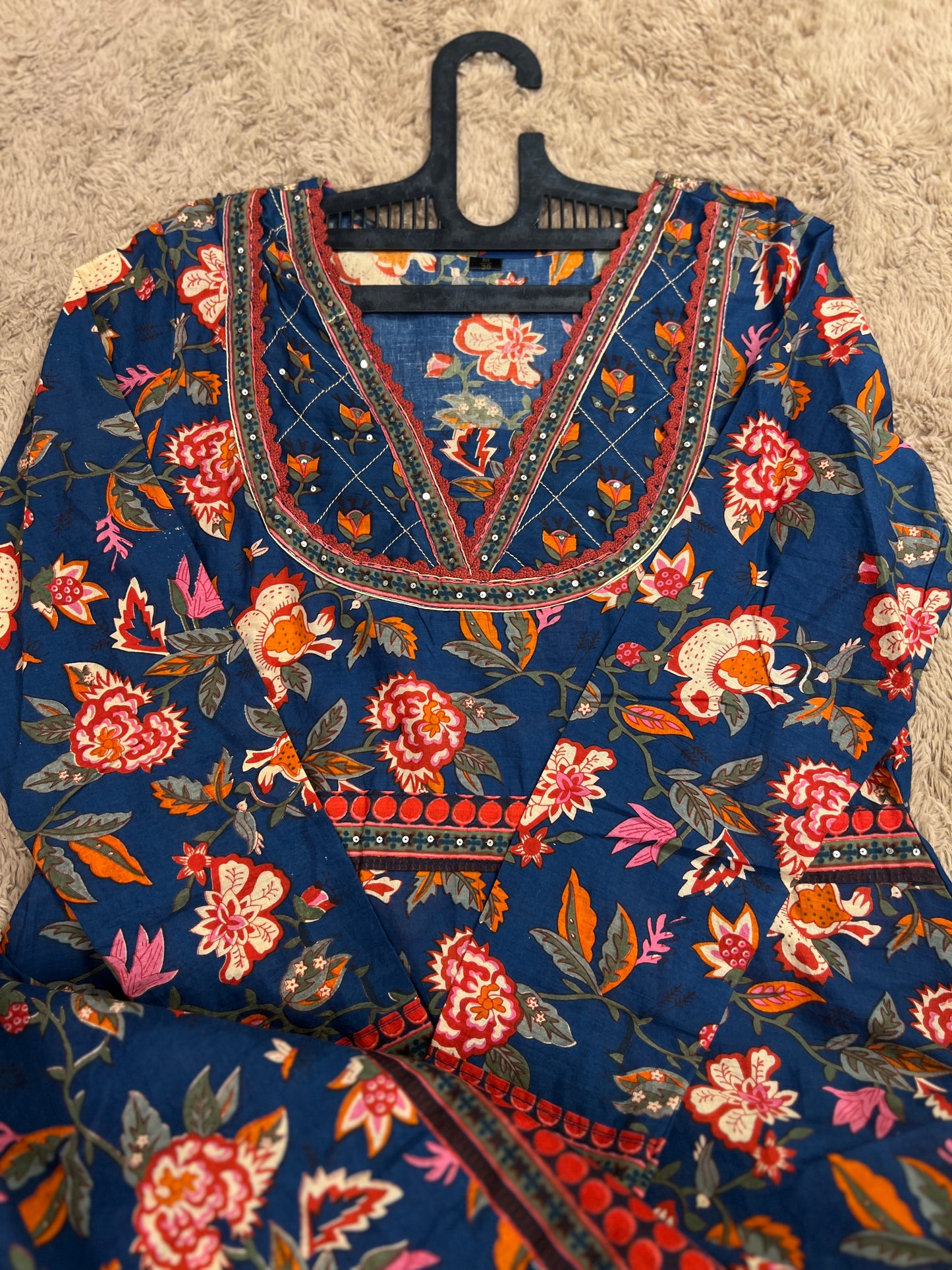 Navy Blue Floral Handblock Cotton Ready to wear Set with Embroidered Neckline
