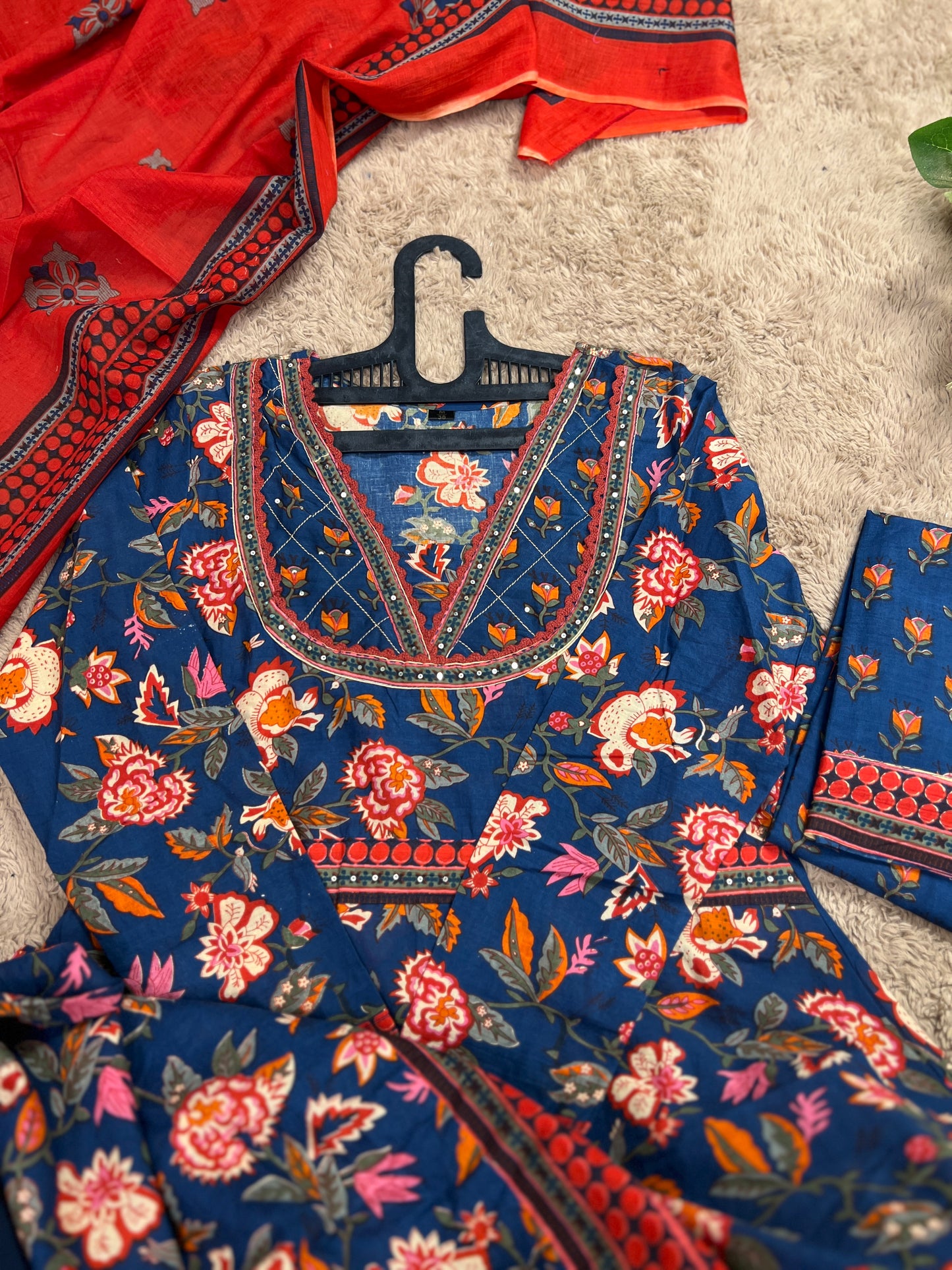 Navy Blue Floral Handblock Cotton Ready to wear Set with Embroidered Neckline