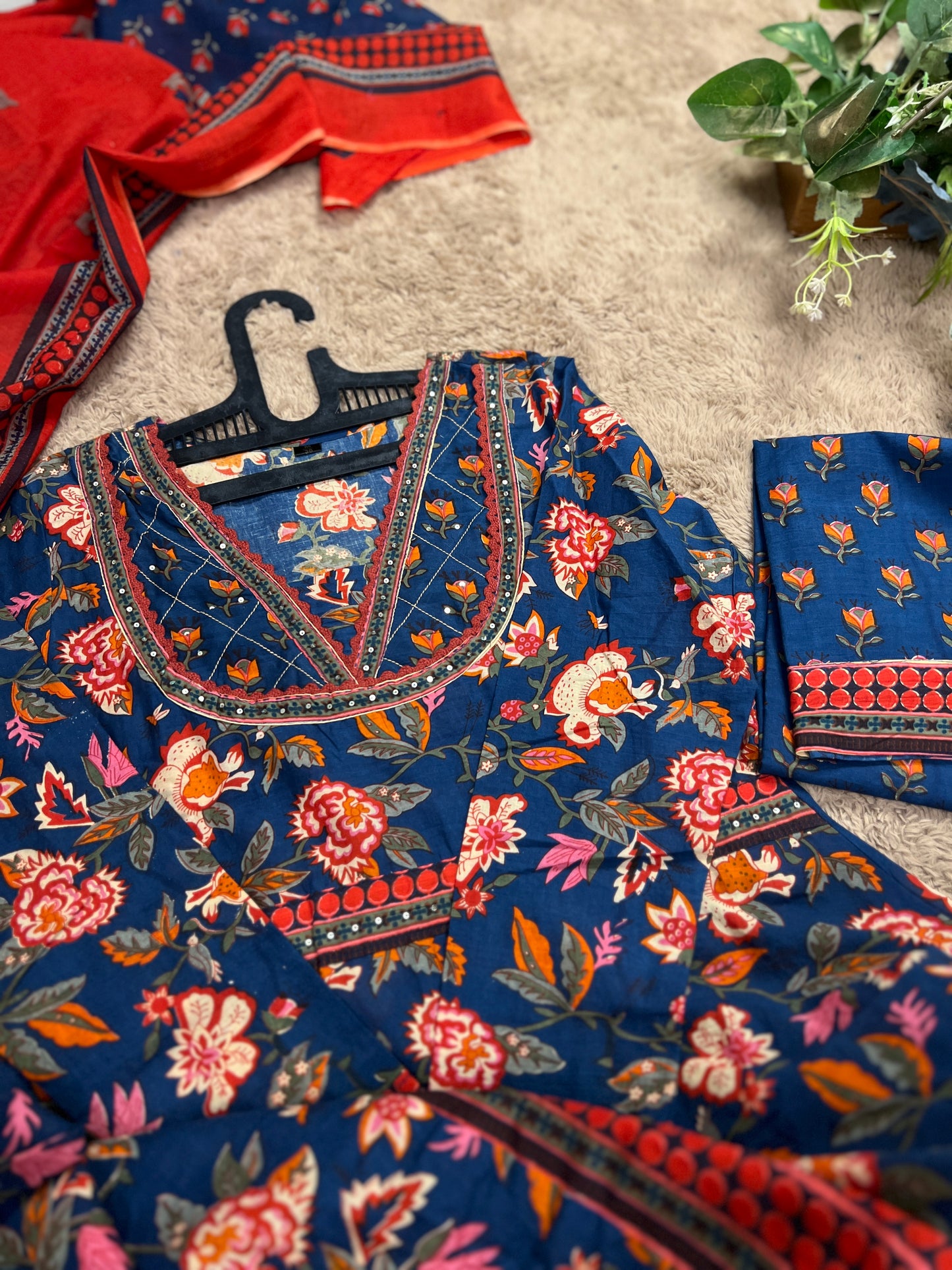 Navy Blue Floral Handblock Cotton Ready to wear Set with Embroidered Neckline