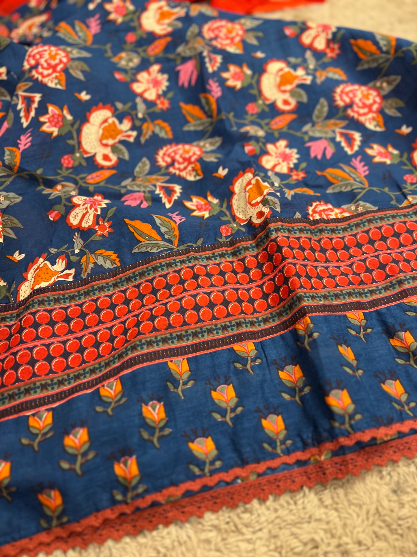 Navy Blue Floral Handblock Cotton Ready to wear Set with Embroidered Neckline