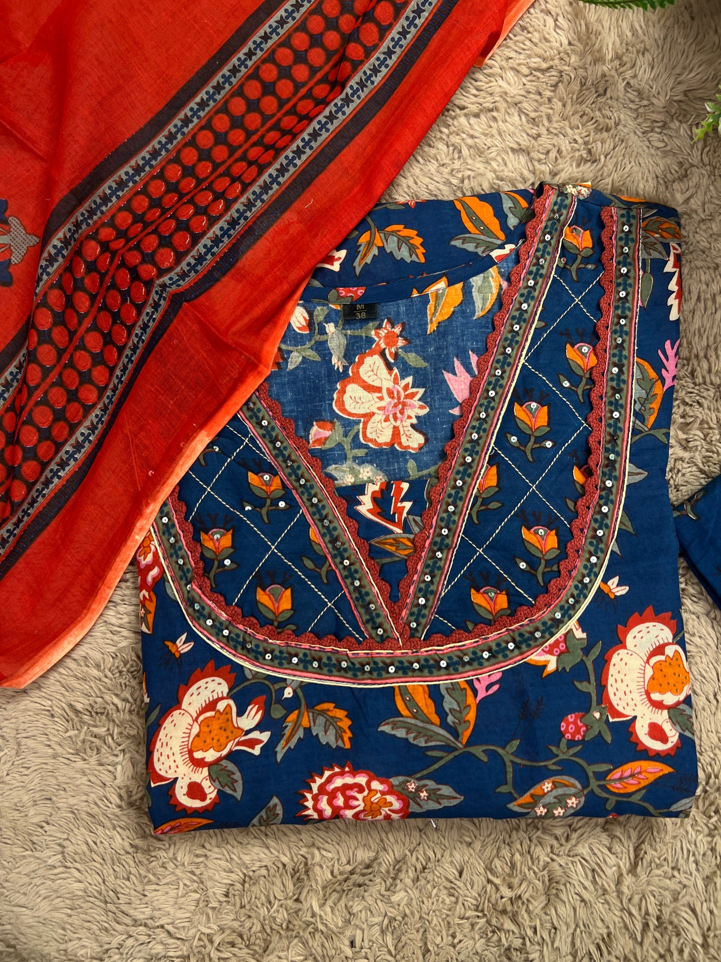 Navy Blue Floral Handblock Cotton Ready to wear Set with Embroidered Neckline