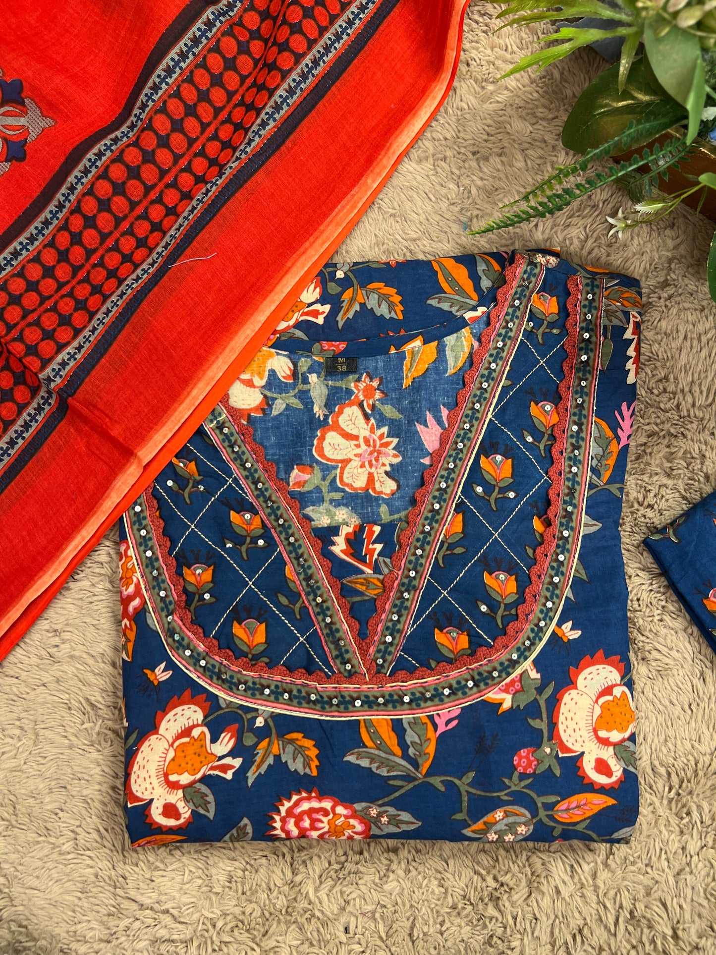 Navy Blue Floral Handblock Cotton Ready to wear Set with Embroidered Neckline