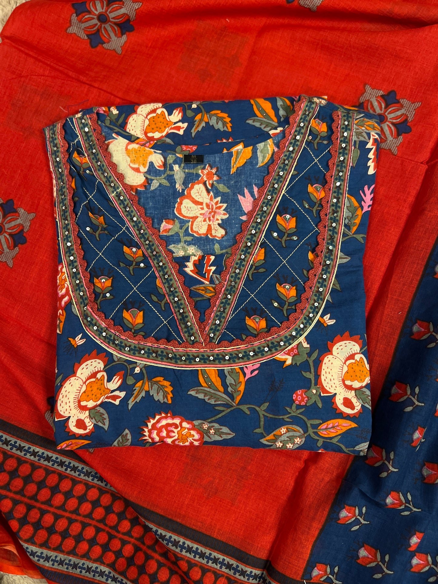 Navy Blue Floral Handblock Cotton Ready to wear Set with Embroidered Neckline
