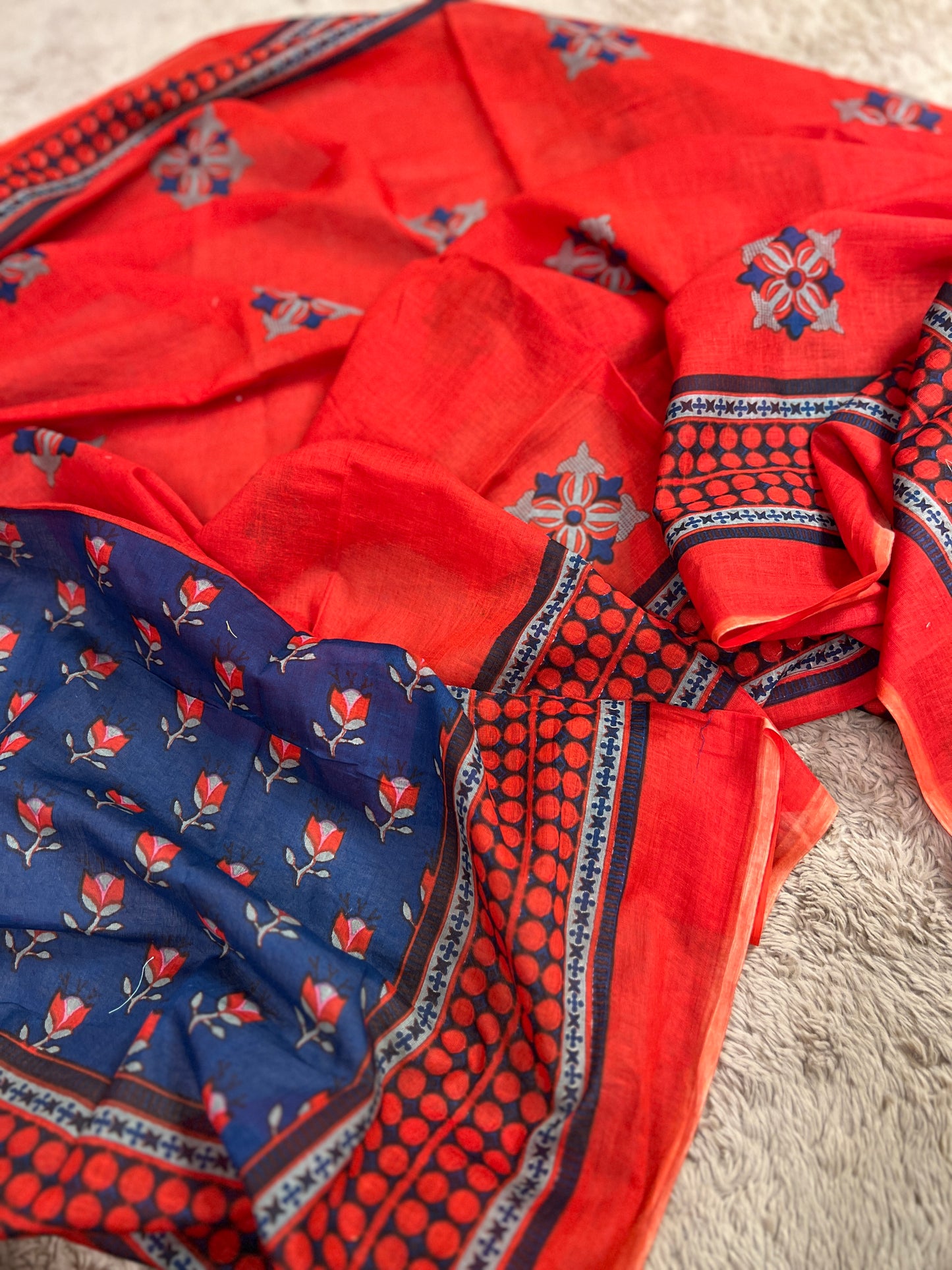 Navy Blue Floral Handblock Cotton Ready to wear Set with Embroidered Neckline