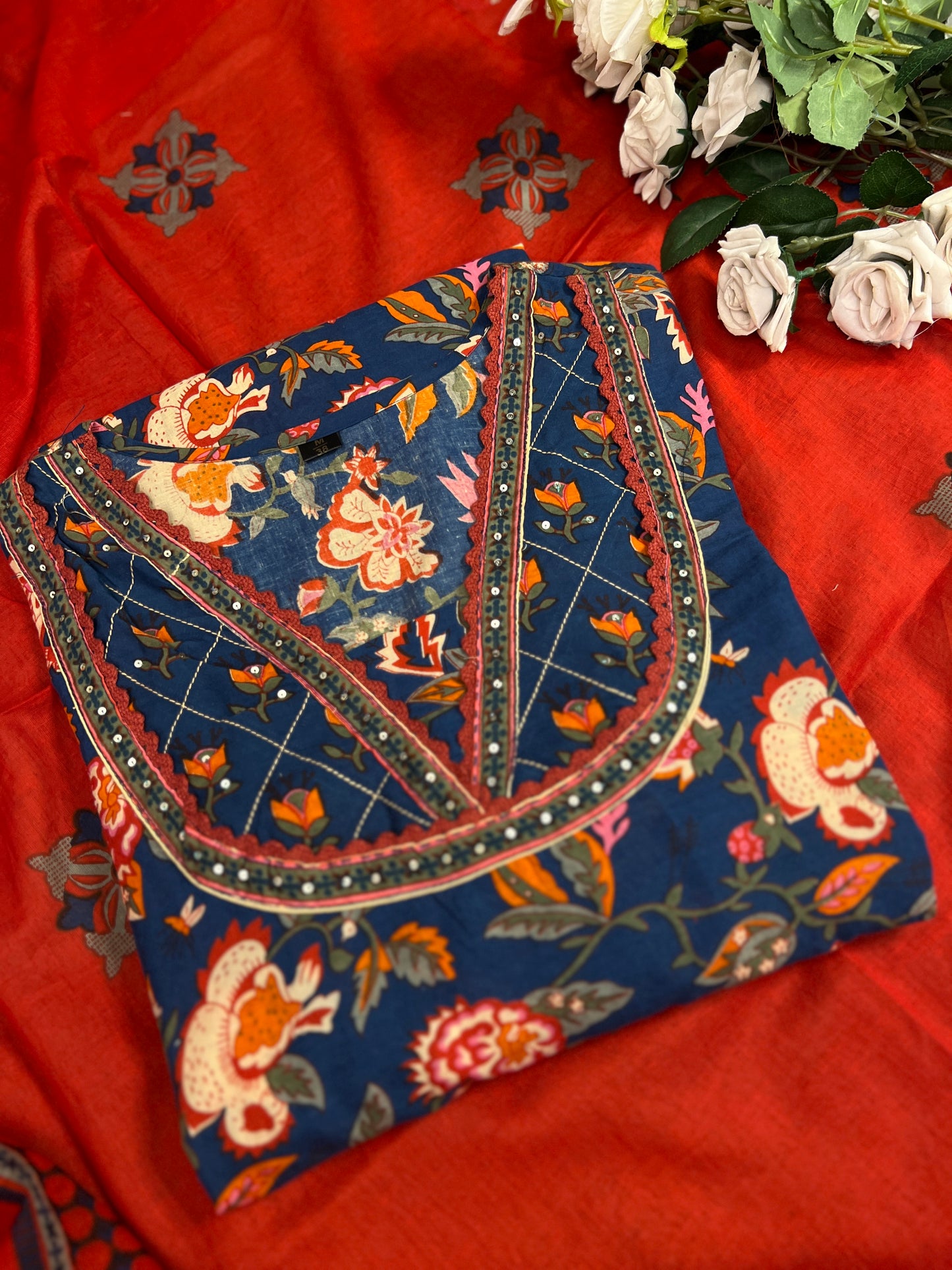 Navy Blue Floral Handblock Cotton Ready to wear Set with Embroidered Neckline