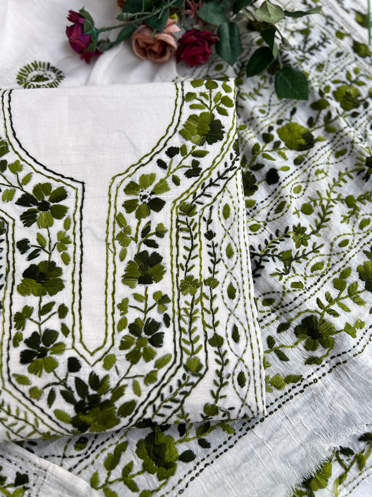 Olive Bloom Hand-Embroidered Suit Set