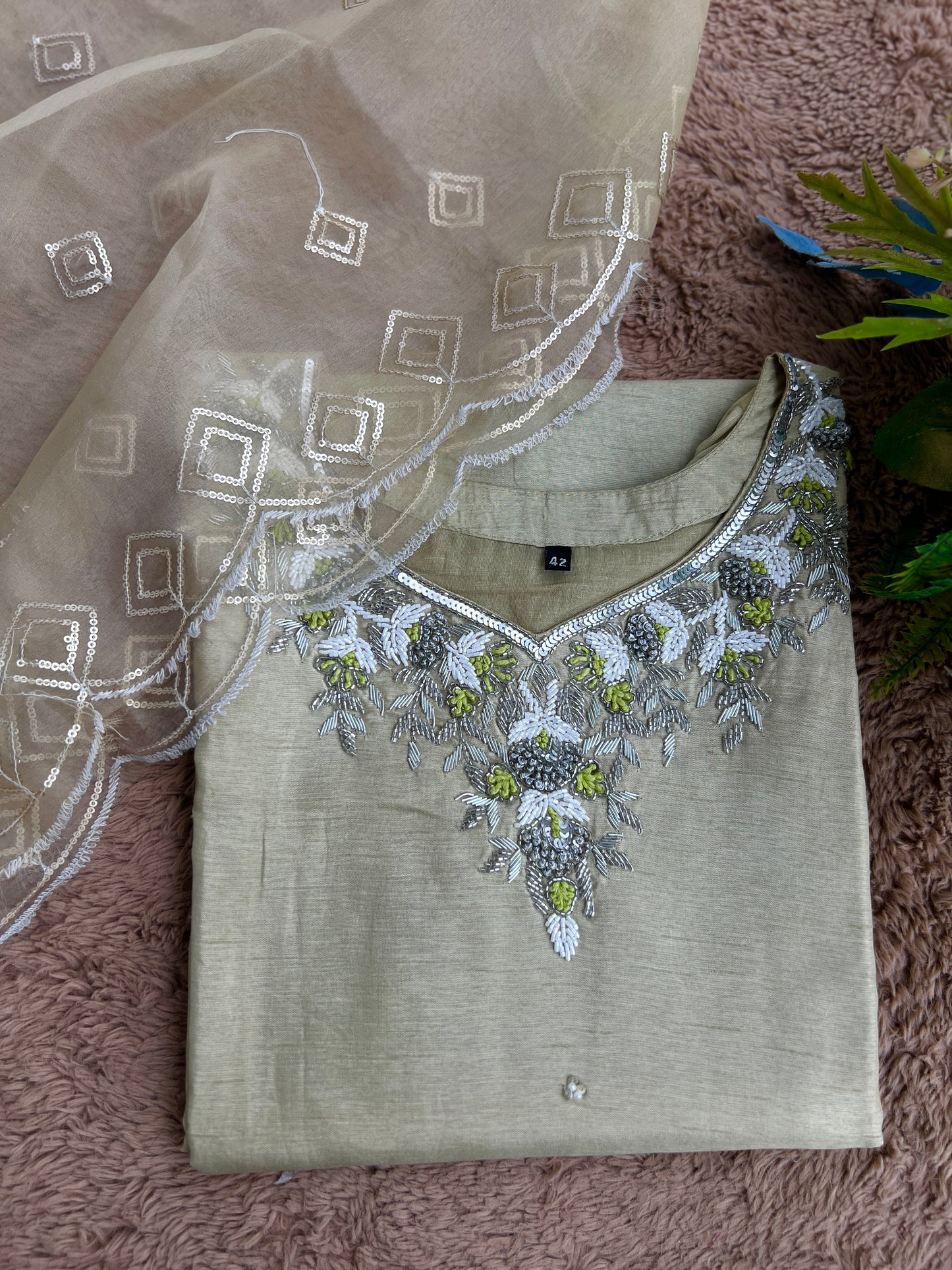Olive Elegance – Handwork Ready-to-Wear Dola Silk Suit