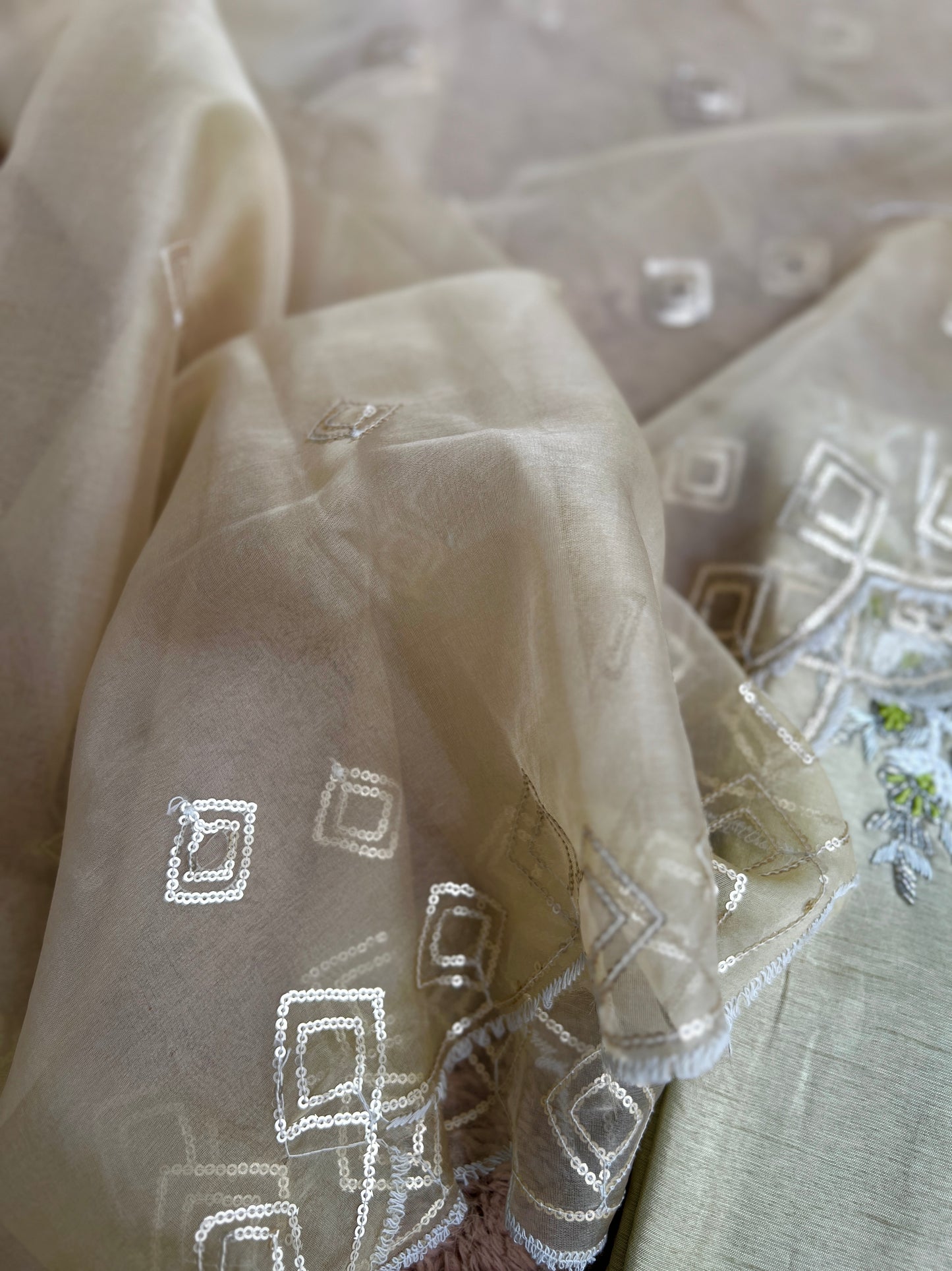 Olive Elegance – Handwork Ready-to-Wear Dola Silk Suit