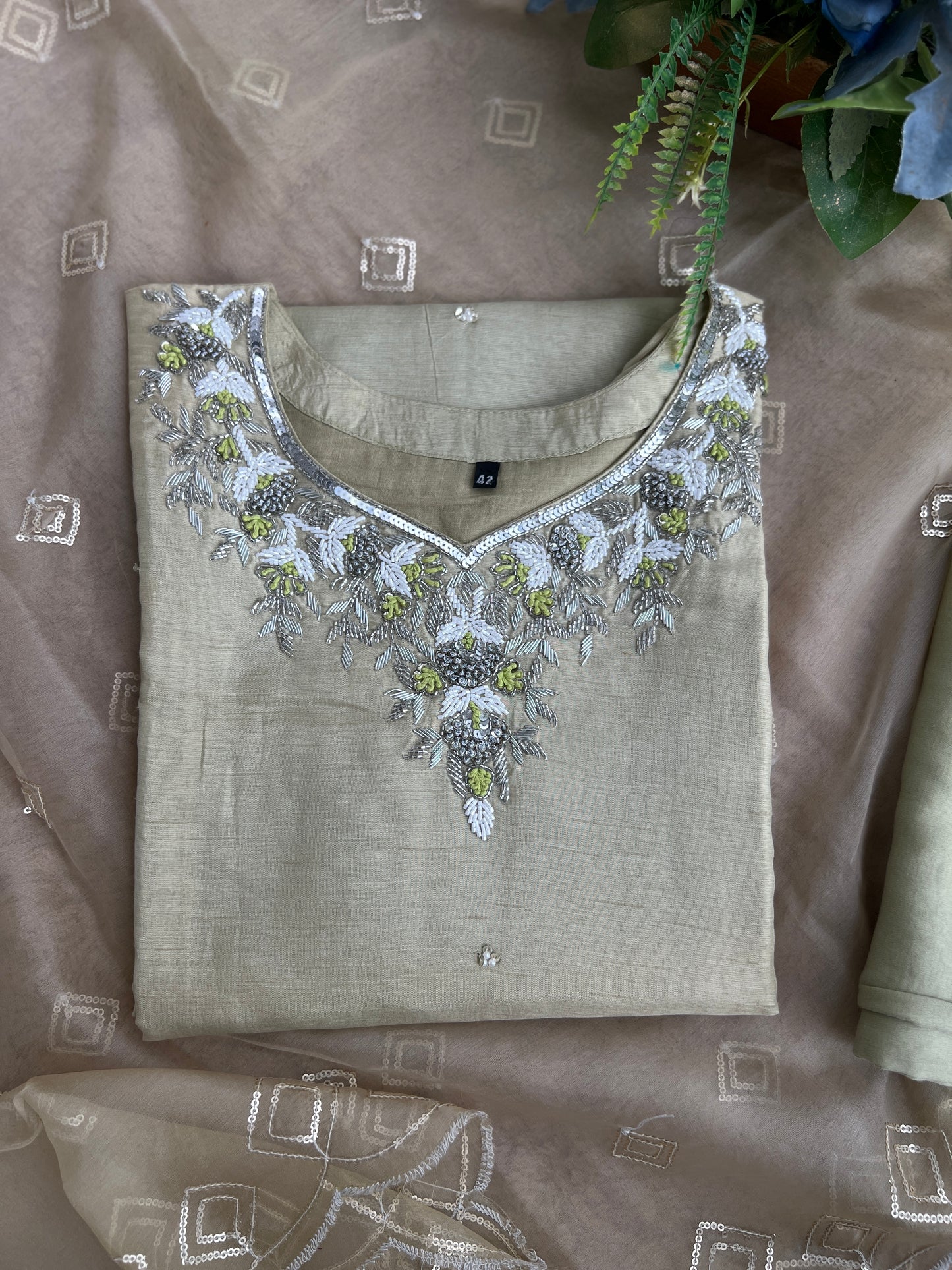 Olive Elegance – Handwork Ready-to-Wear Dola Silk Suit