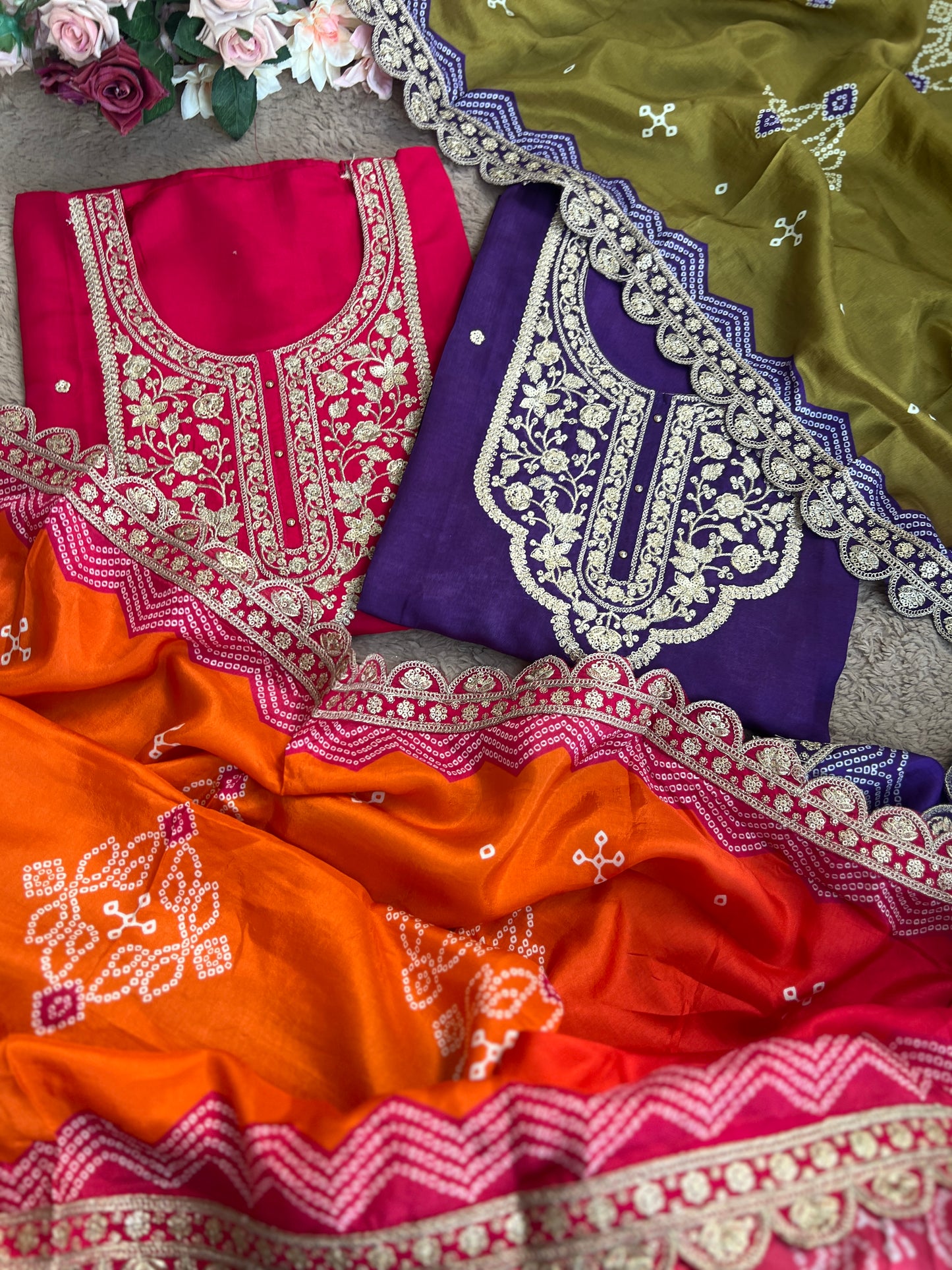 Dori work Russian Silk suit with Bandhani print Dupatta