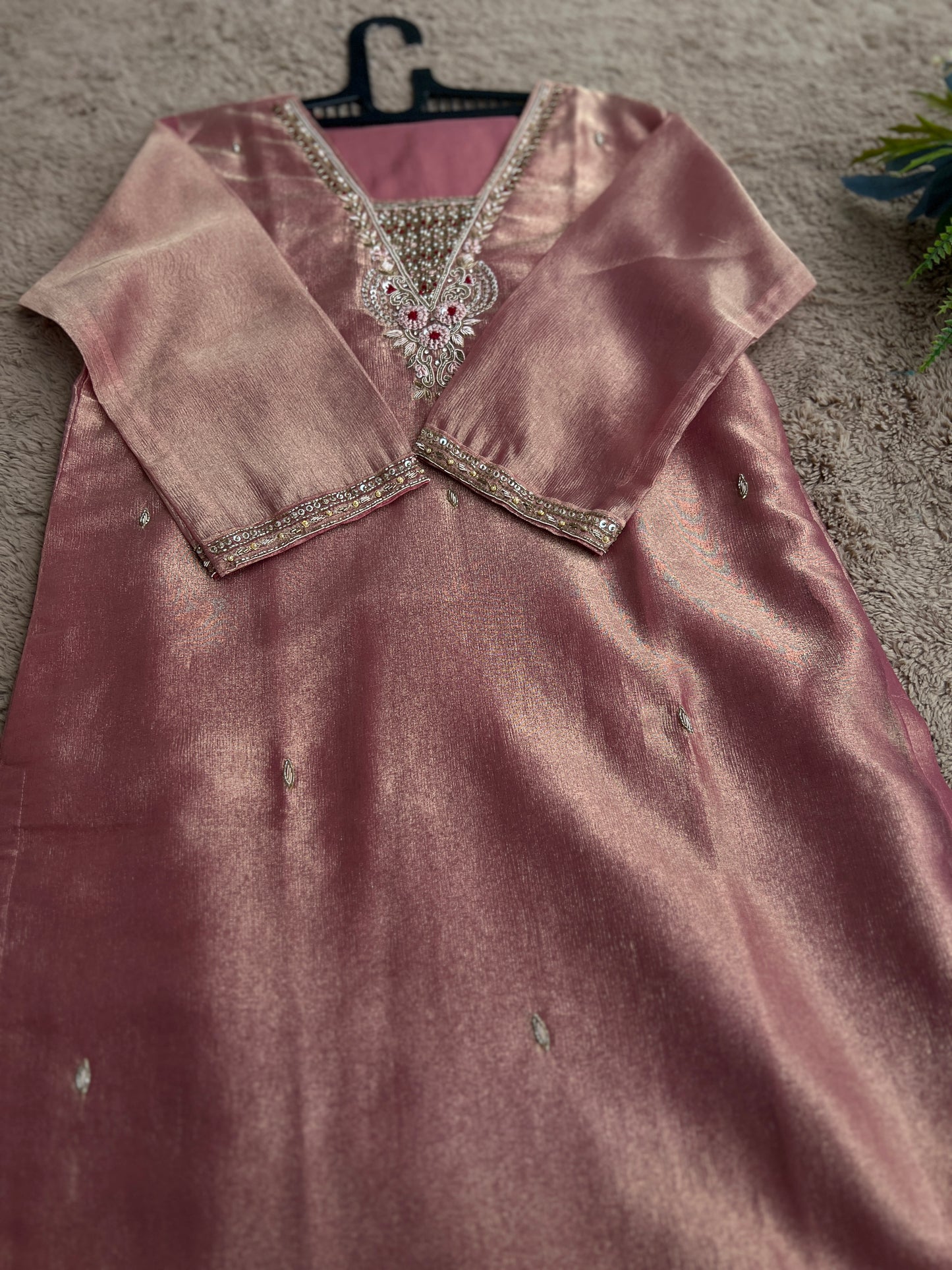 Shimmer Tissue Handworked Salwar Suit with Organza Dupatta – Festive Elegance