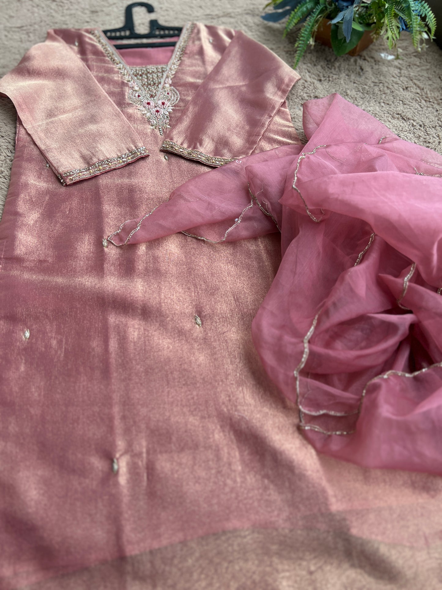 Shimmer Tissue Handworked Salwar Suit with Organza Dupatta – Festive Elegance